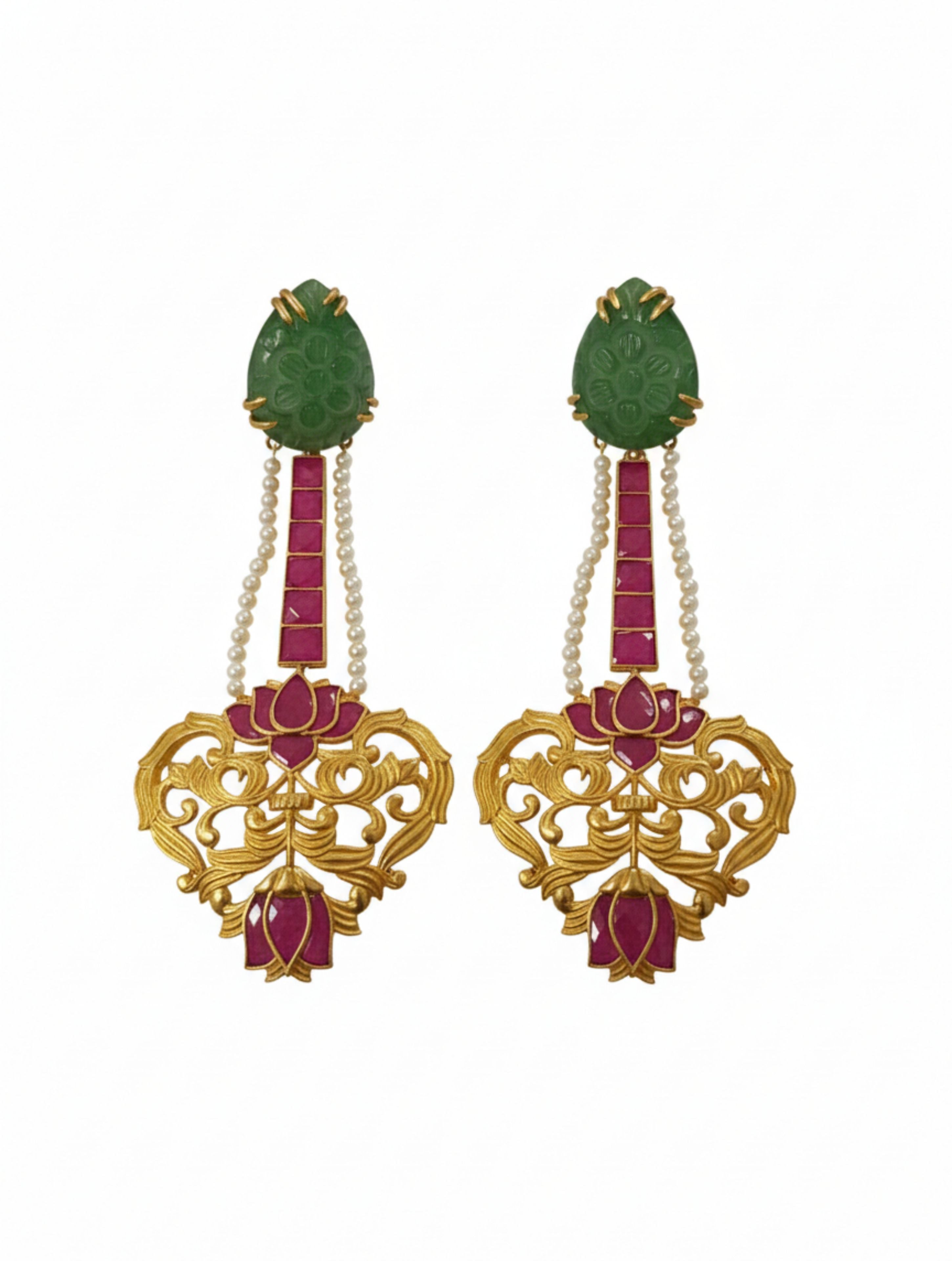 Hand-Carved Green Quartz & Dangler Earrings in Sterling Silver | Gold Finish