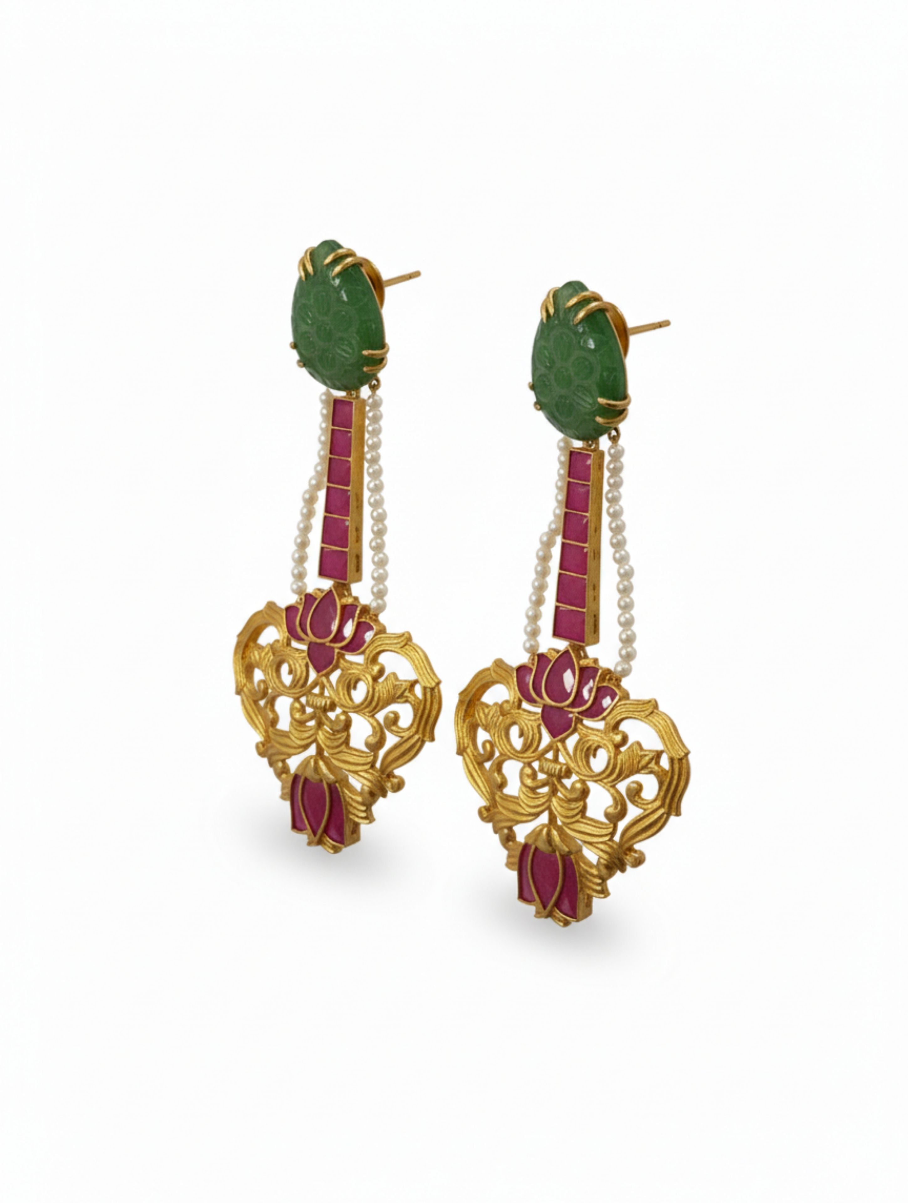 Hand-Carved Green Quartz & Dangler Earrings in Sterling Silver | Gold Finish