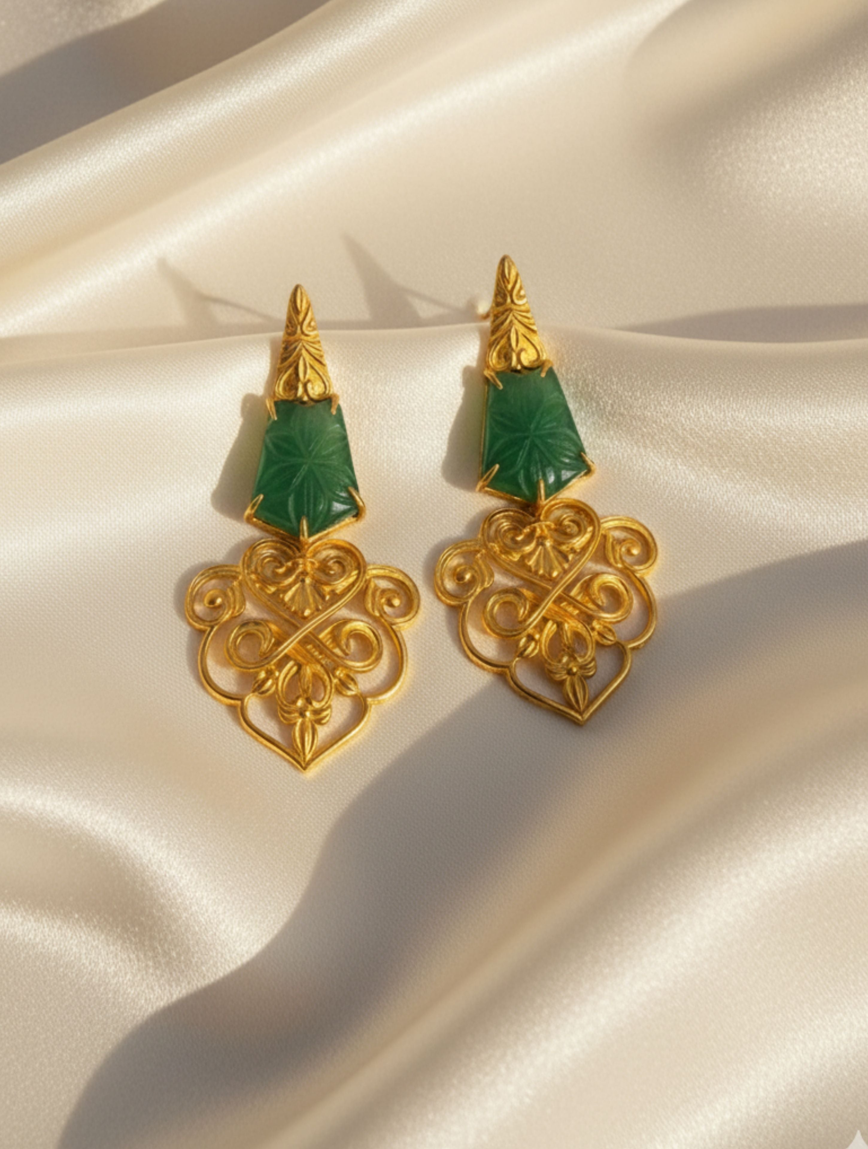 Filigree Drop Sterling Silver Earrings with Hand-Carved Strawberry Quartz