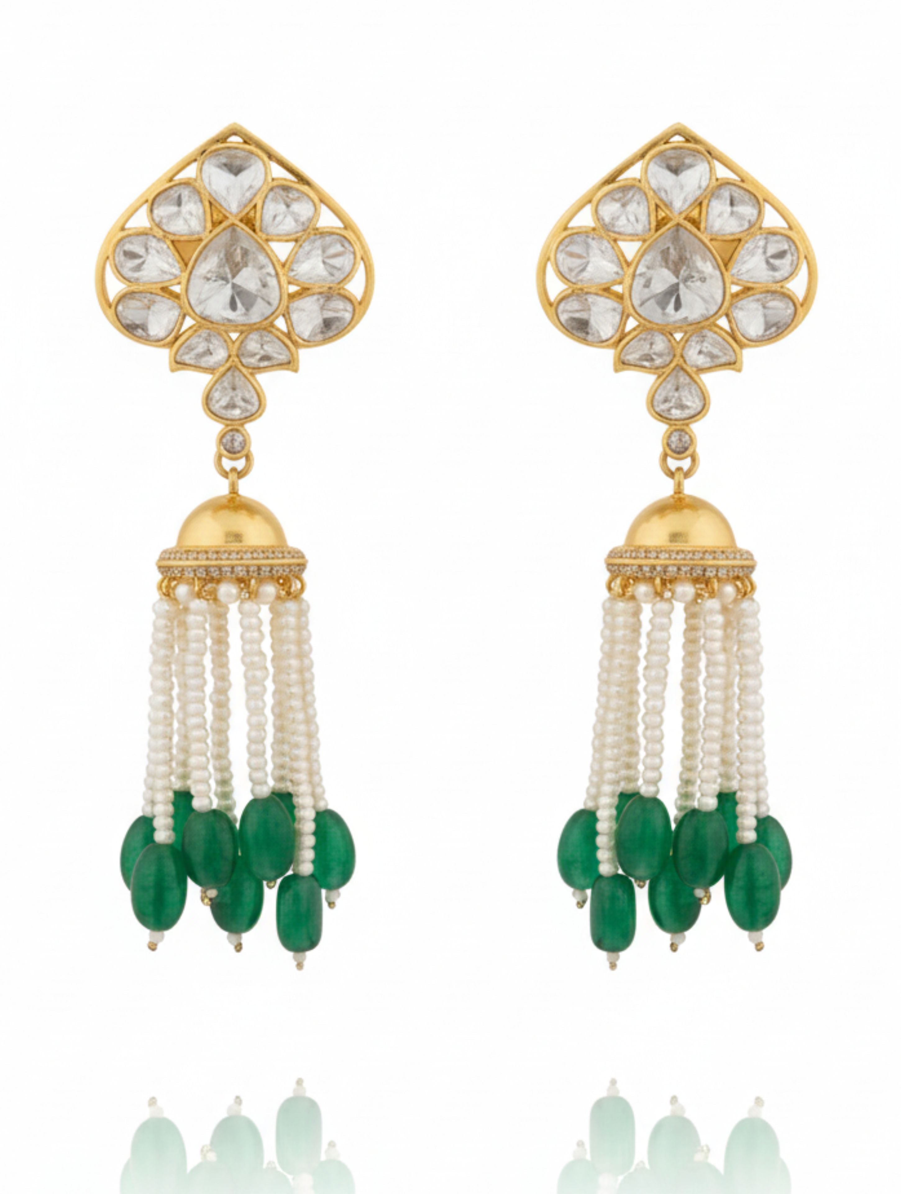Spade-Cut Polki Moissanite Earrings with Pearl and Green Bead