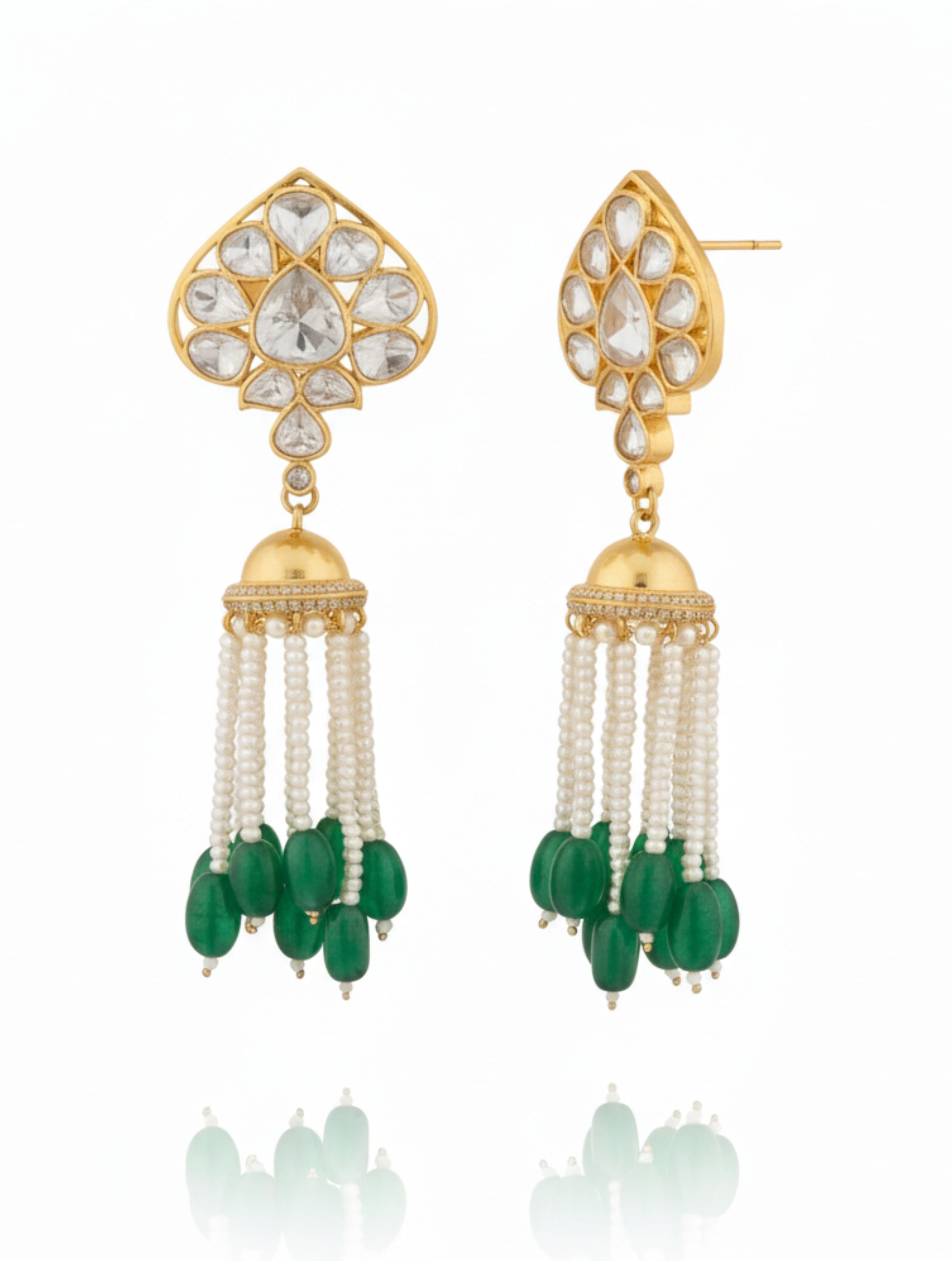 Spade-Cut Polki Moissanite Earrings with Pearl and Green Bead