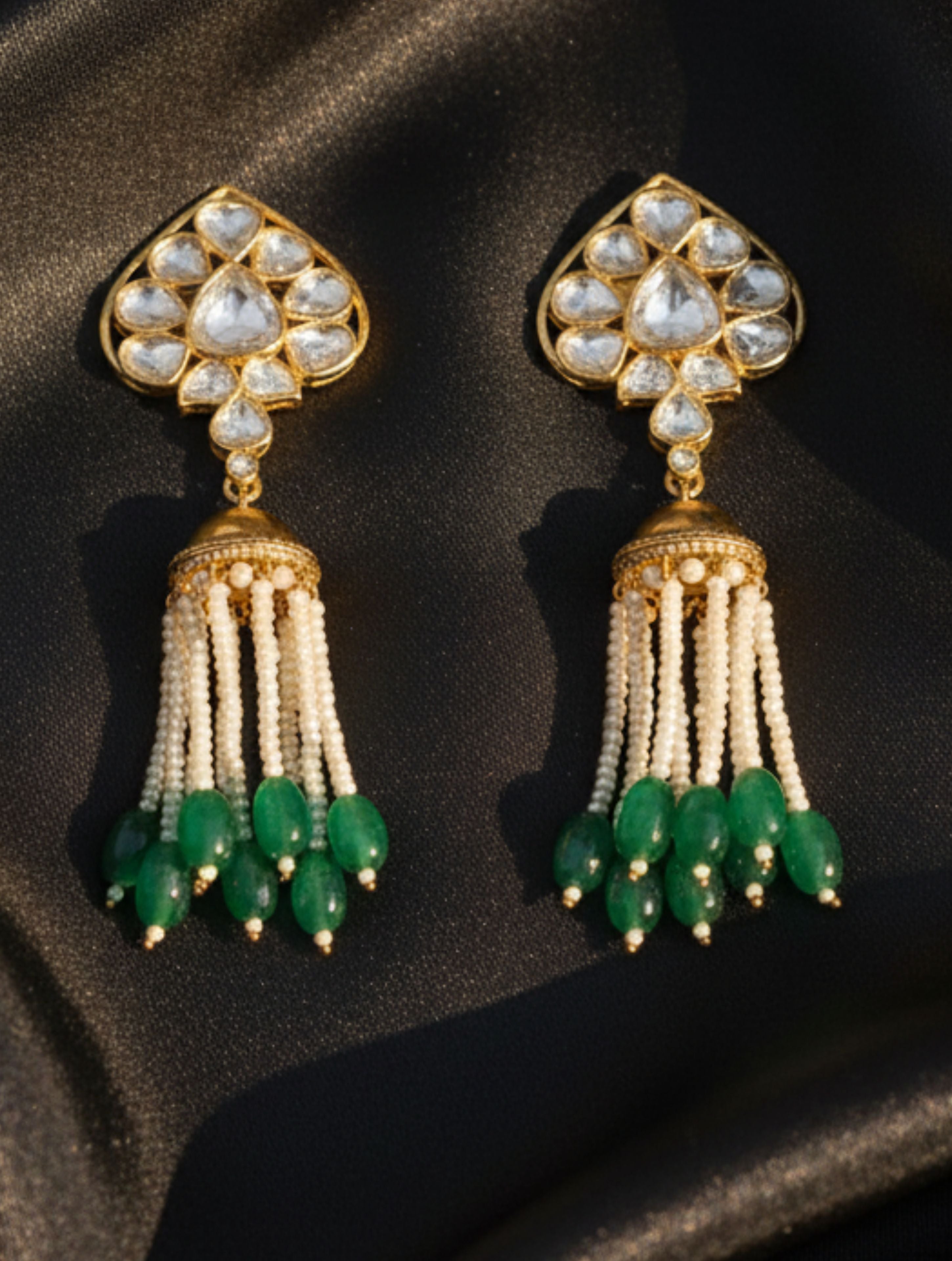 Spade-Cut Polki Moissanite Earrings with Pearl and Green Bead