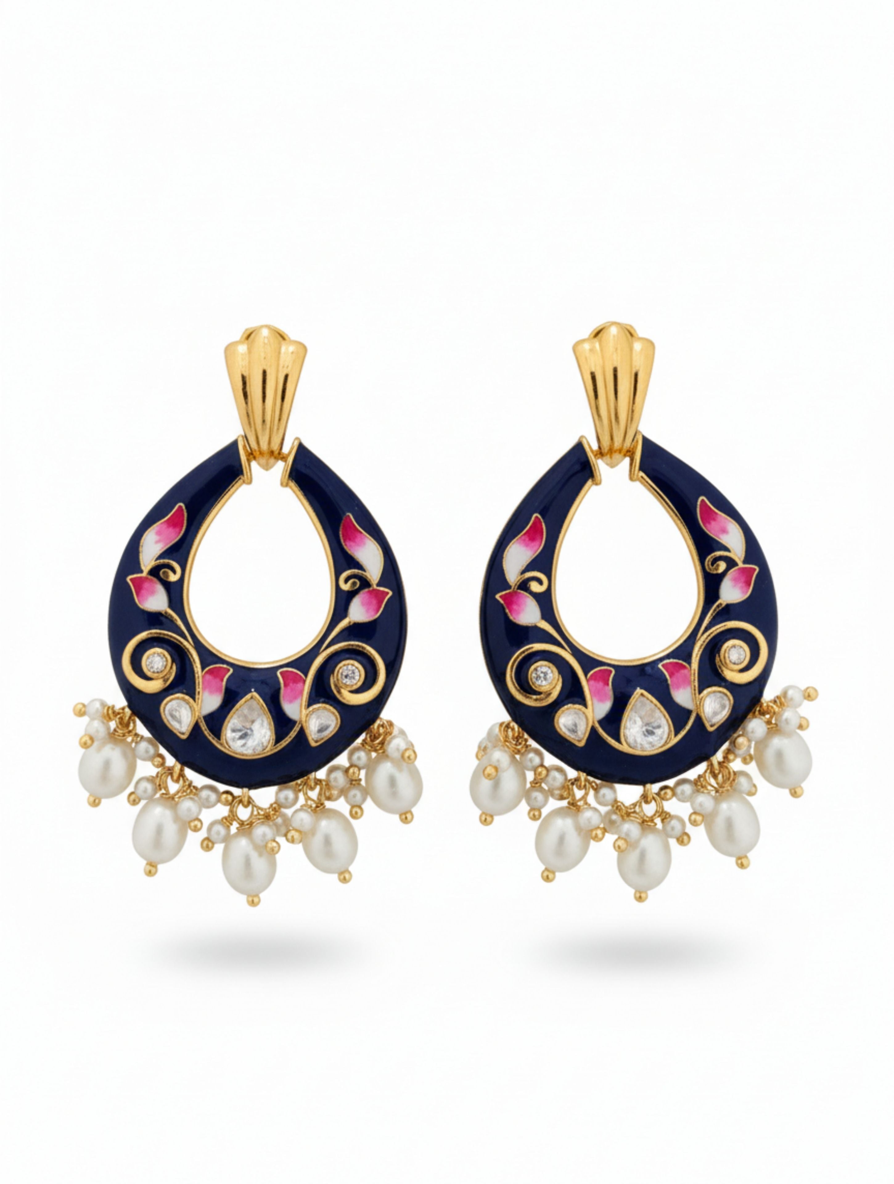Navy Blue Meenakari Enamel & Polki Moissanite Dangler Earrings with Pearl Drops in 925 Sterling Silver