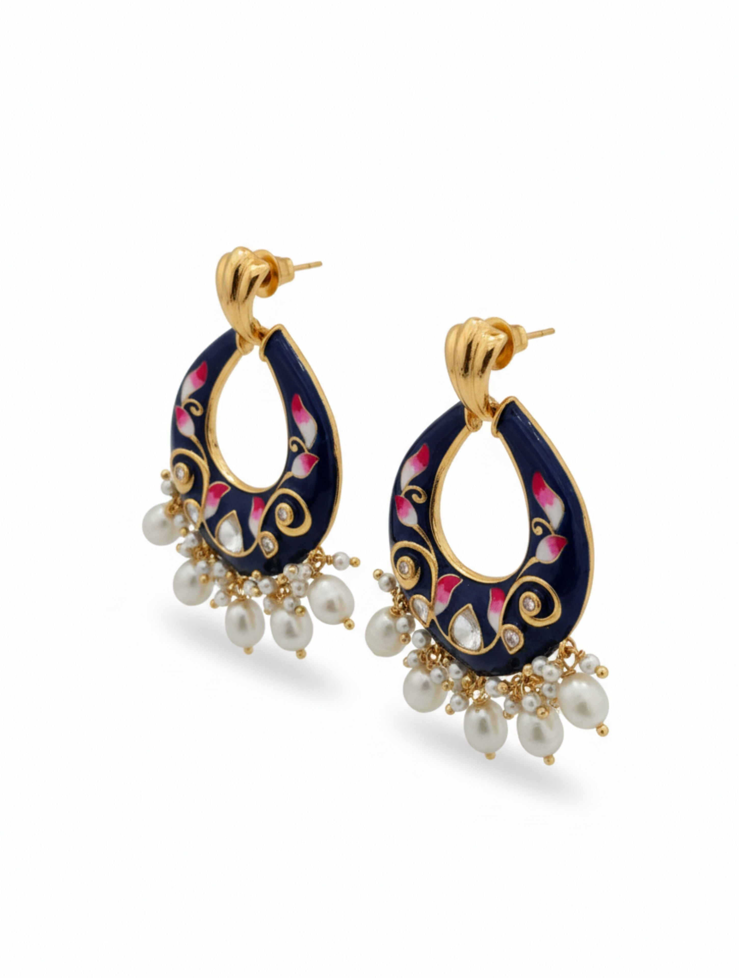 Navy Blue Meenakari Enamel & Polki Moissanite Dangler Earrings with Pearl Drops in 925 Sterling Silver