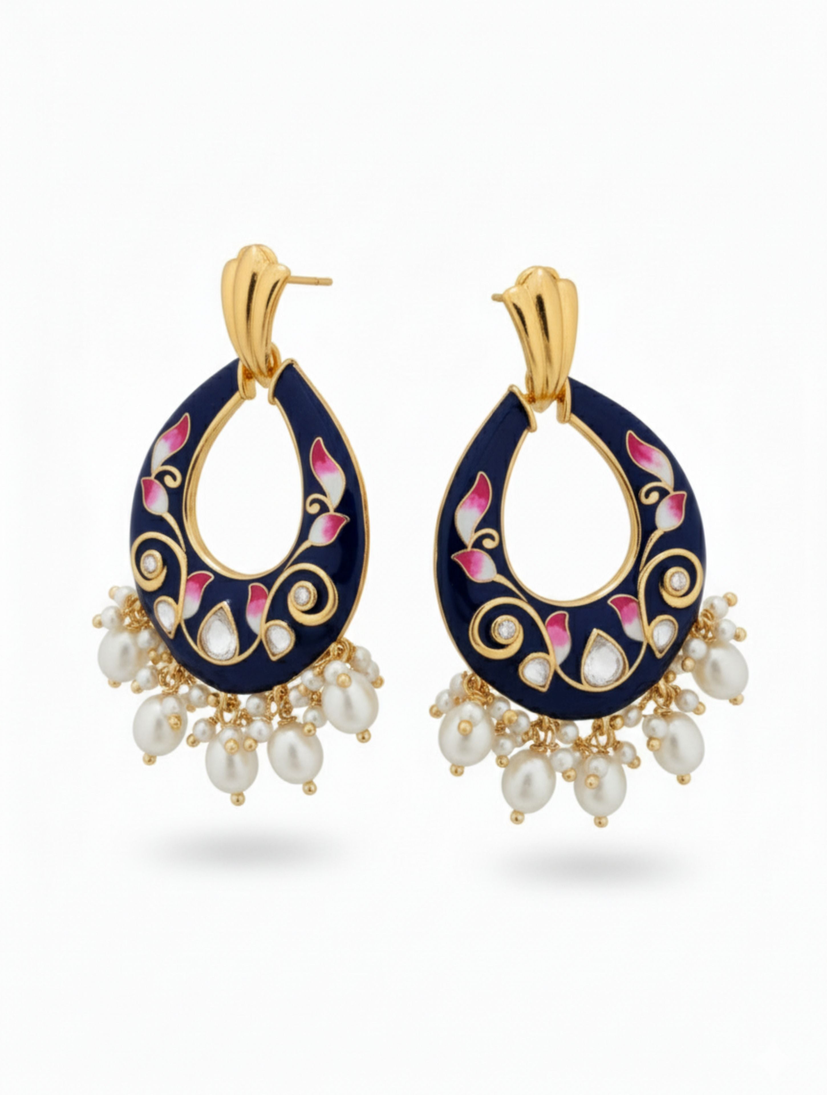 Navy Blue Meenakari Enamel & Polki Moissanite Dangler Earrings with Pearl Drops in 925 Sterling Silver