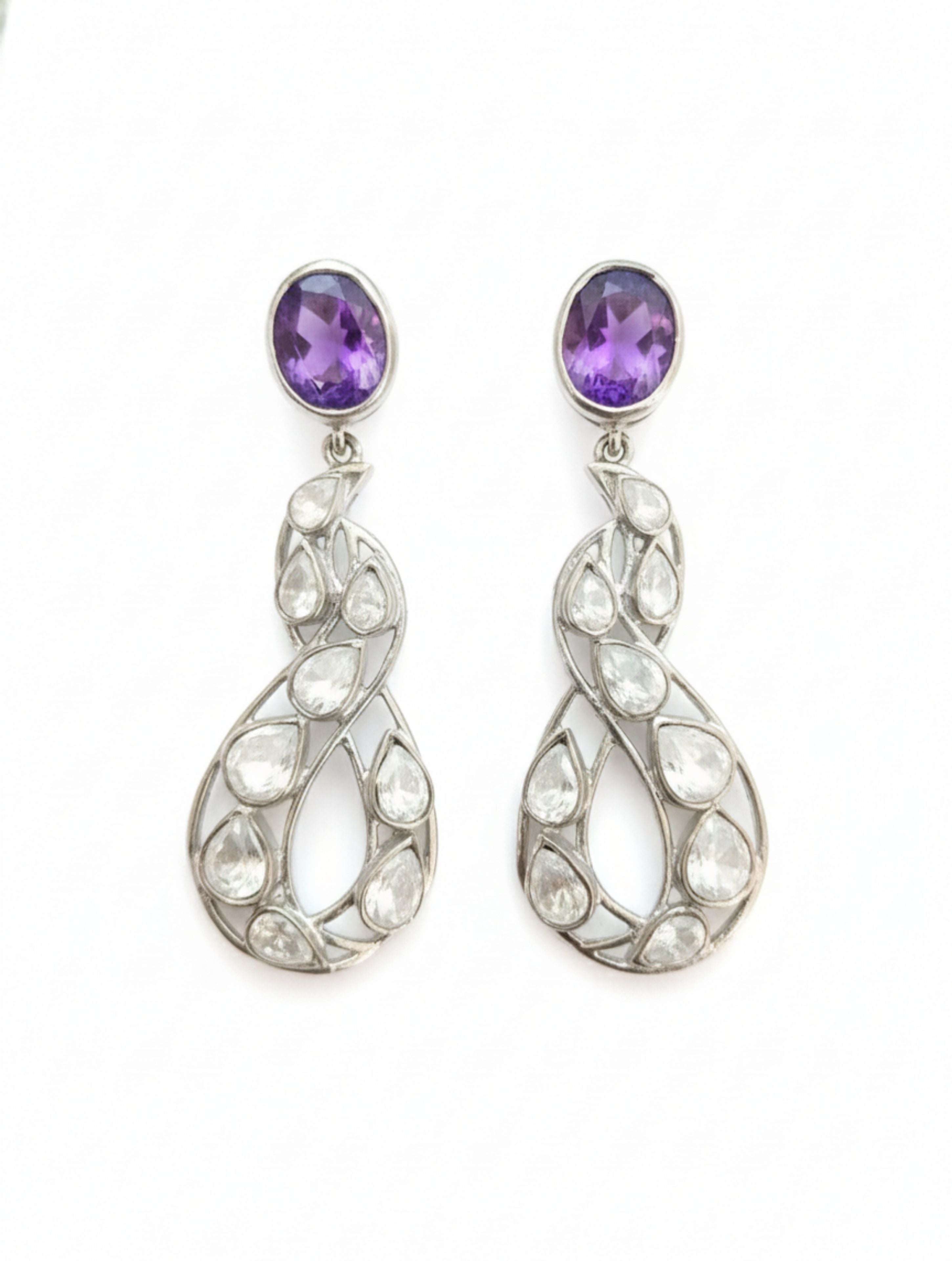 Amethyst & Polki Moissanite Sterling Silver Drop Earrings