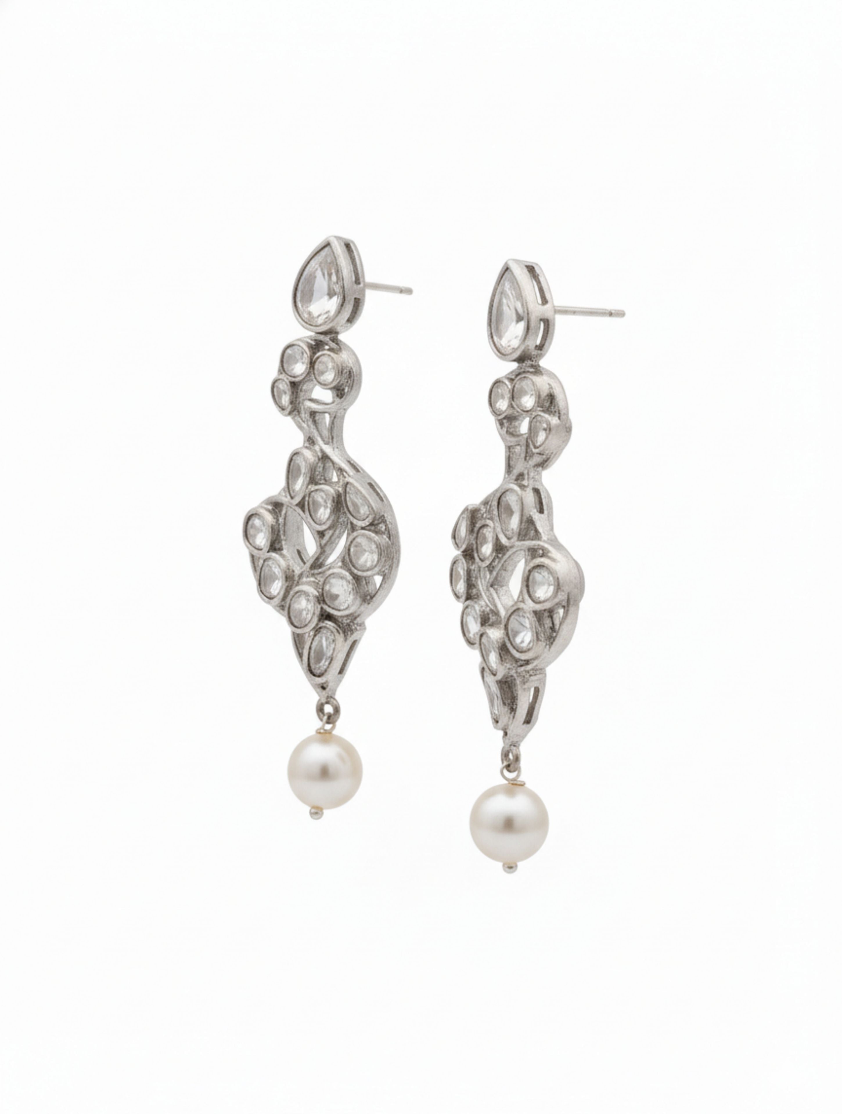Handcrafted Silver Polki Moissanite & Pearl Drop Earrings