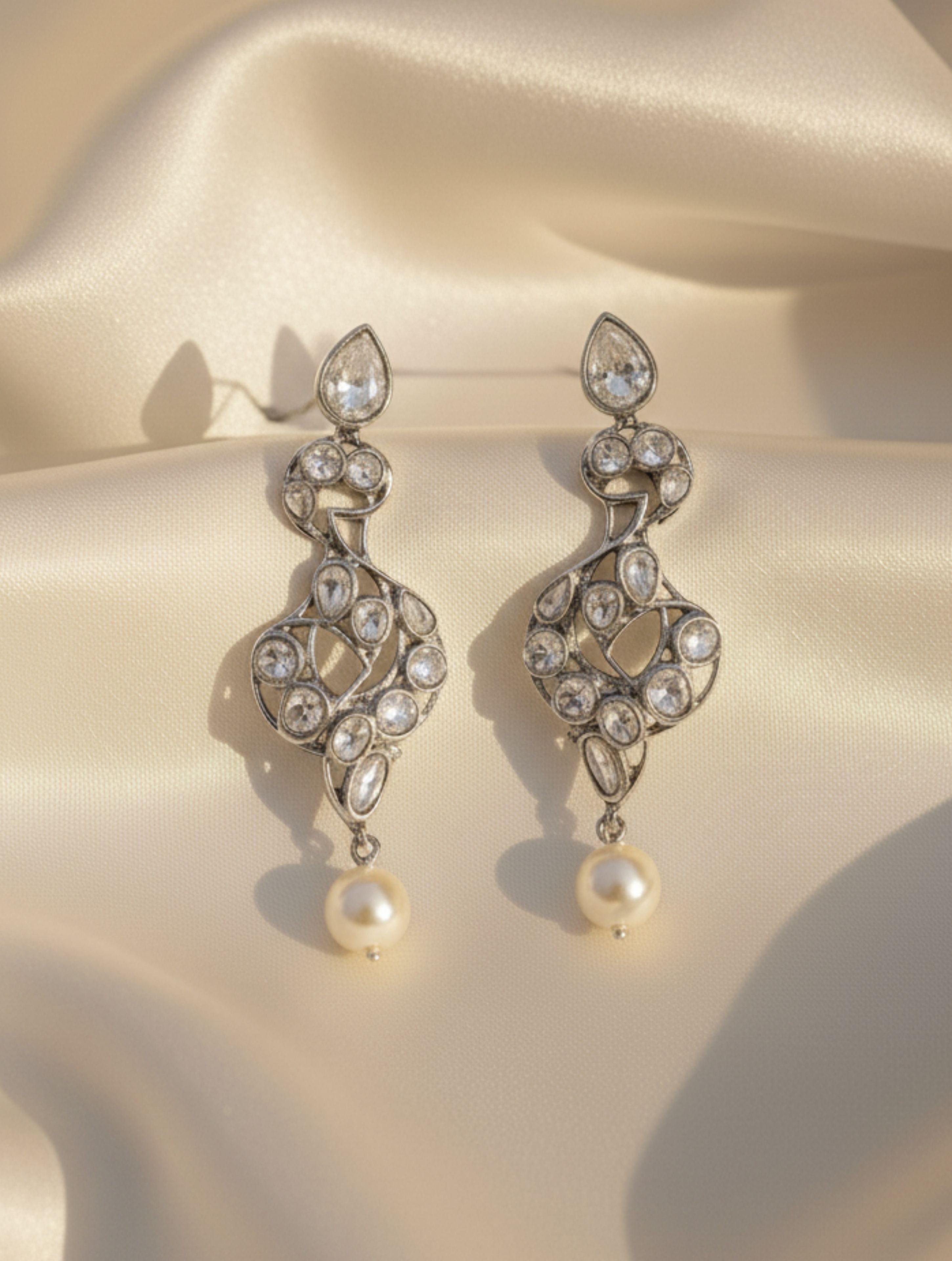 Handcrafted Silver Polki Moissanite & Pearl Drop Earrings