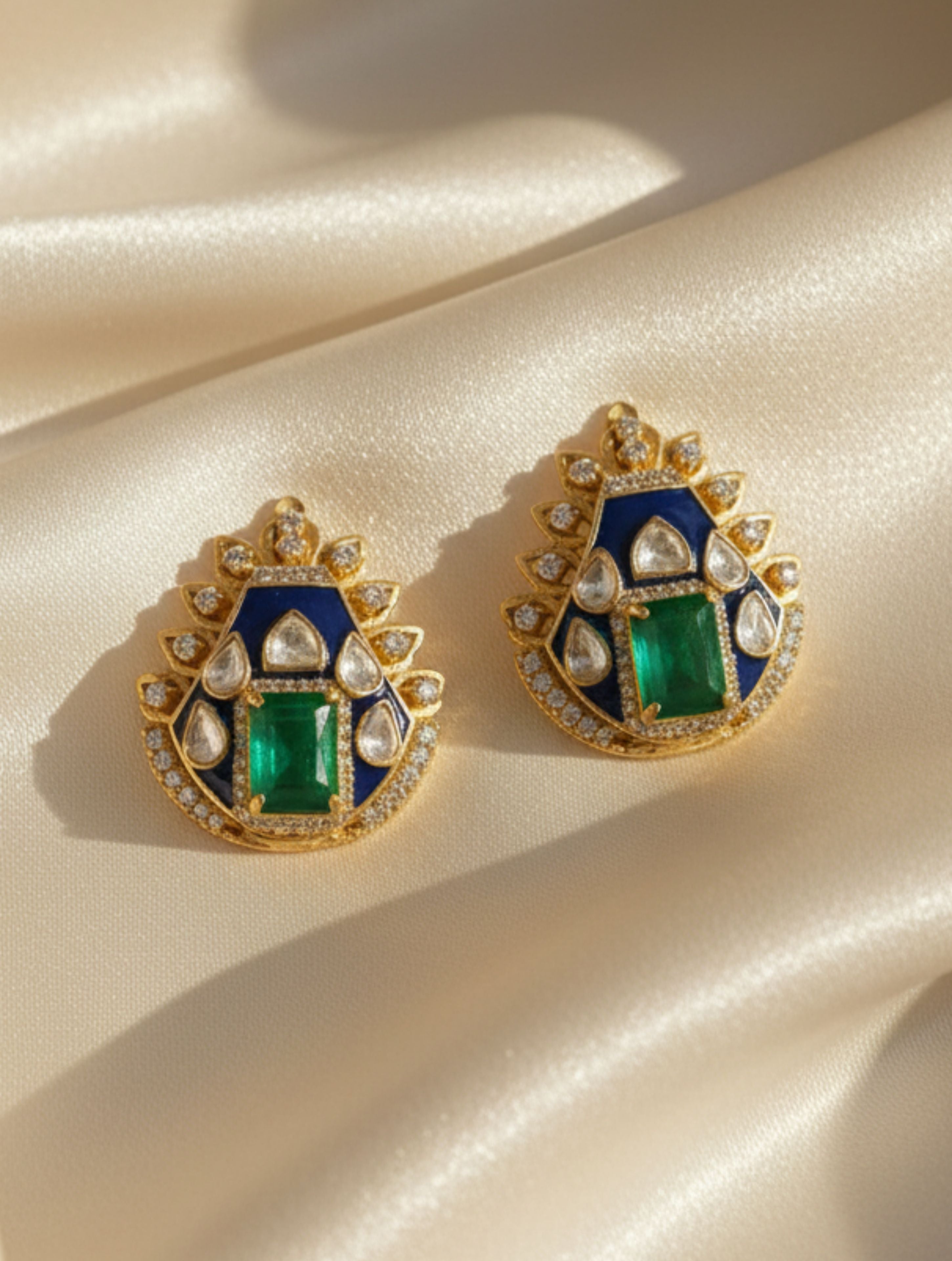 Blue Enamel & Green Onyx Polki Ear Studs in 925 Sterling Silver