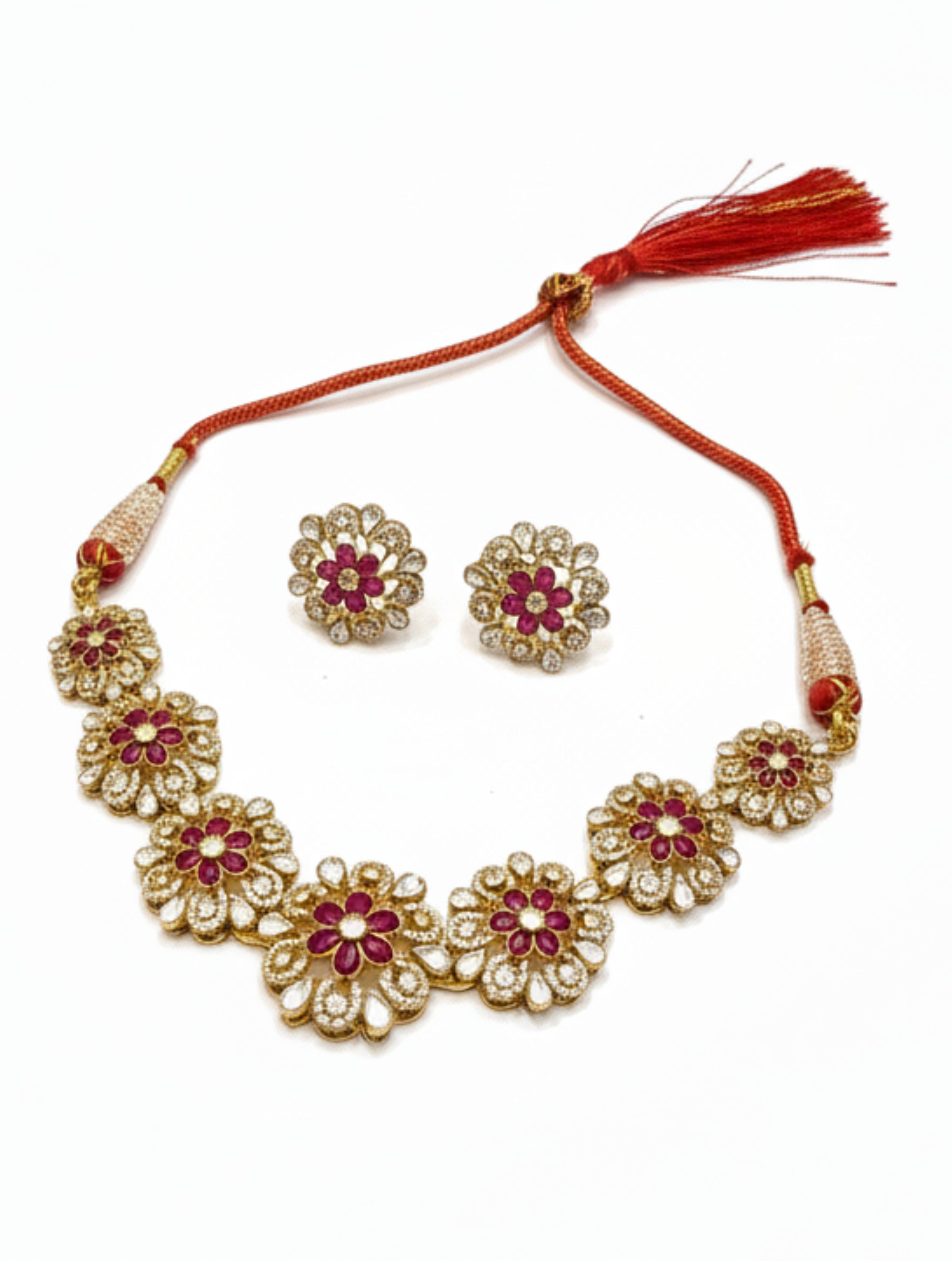 Handcrafted Moissanite Polki Sterling Silver Necklace & Earring Set