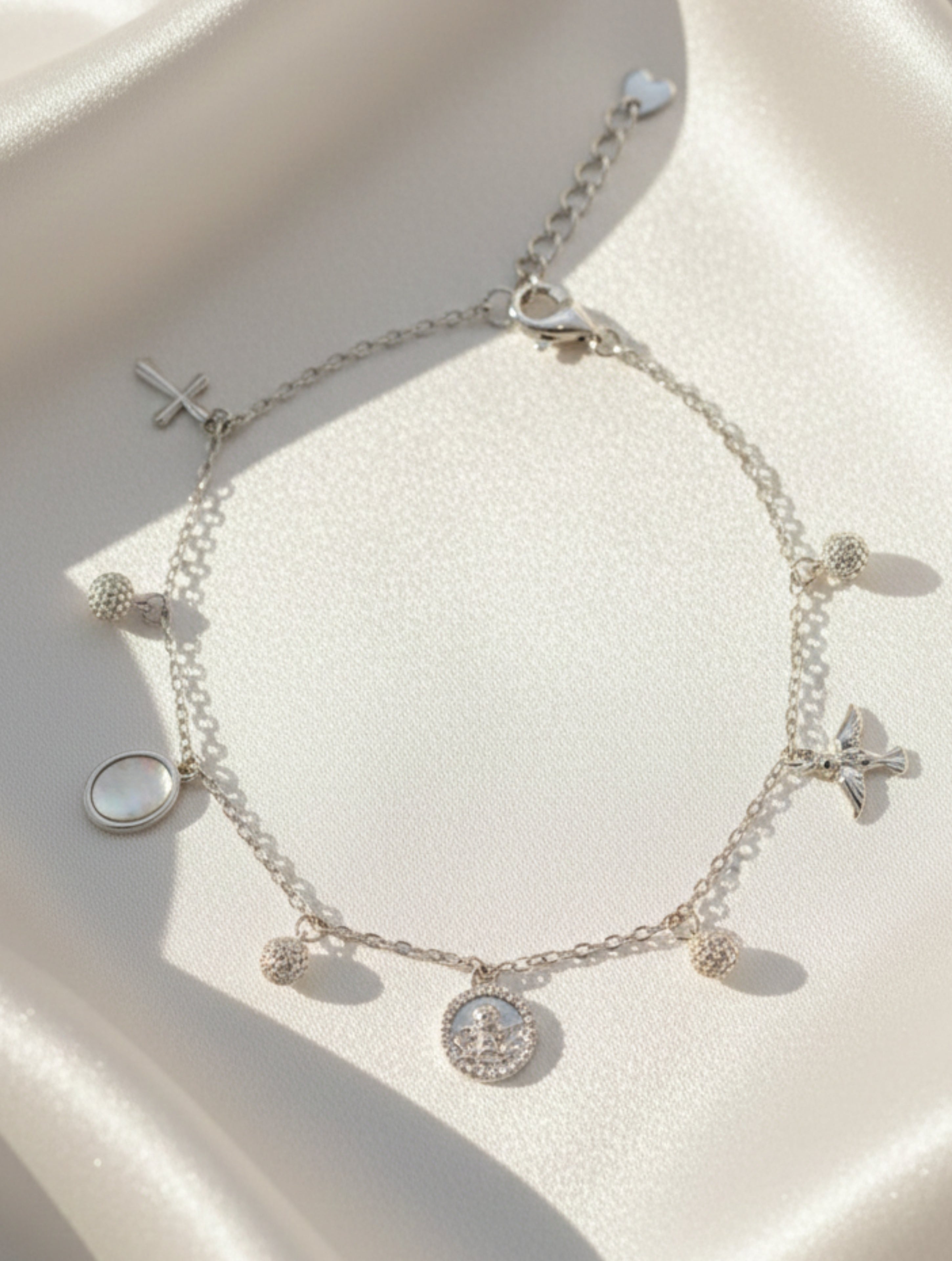 925 Sterling Silver Spiritual Charm Bracelet with Mother of Pearl & Religious Icons