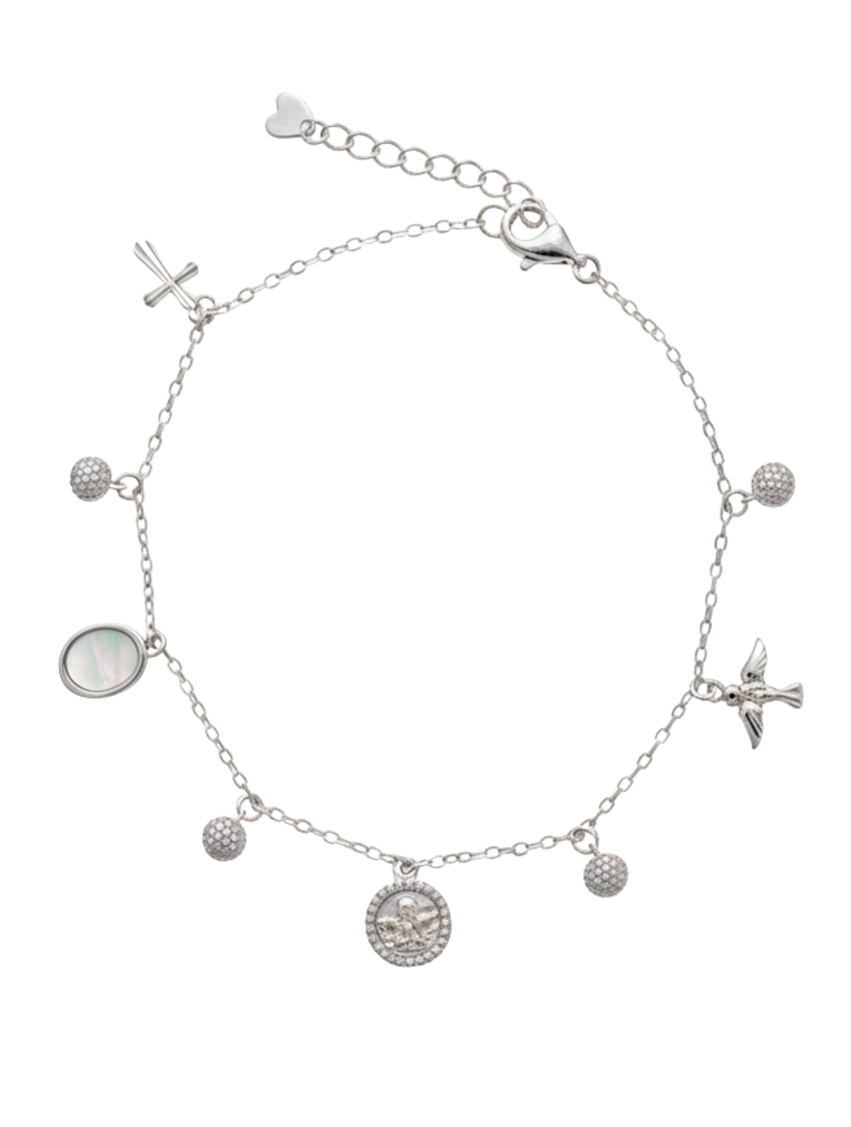 925 Sterling Silver Spiritual Charm Bracelet with Mother of Pearl & Religious Icons