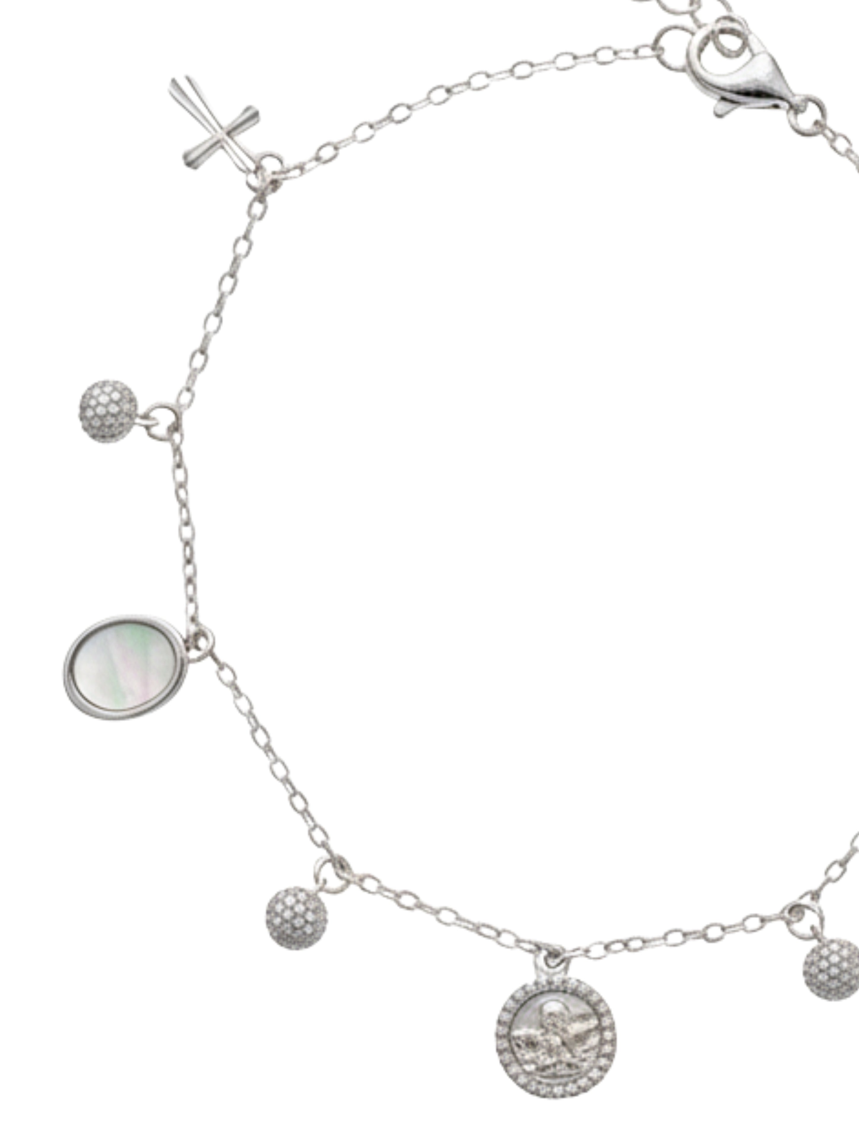 925 Sterling Silver Spiritual Charm Bracelet with Mother of Pearl & Religious Icons