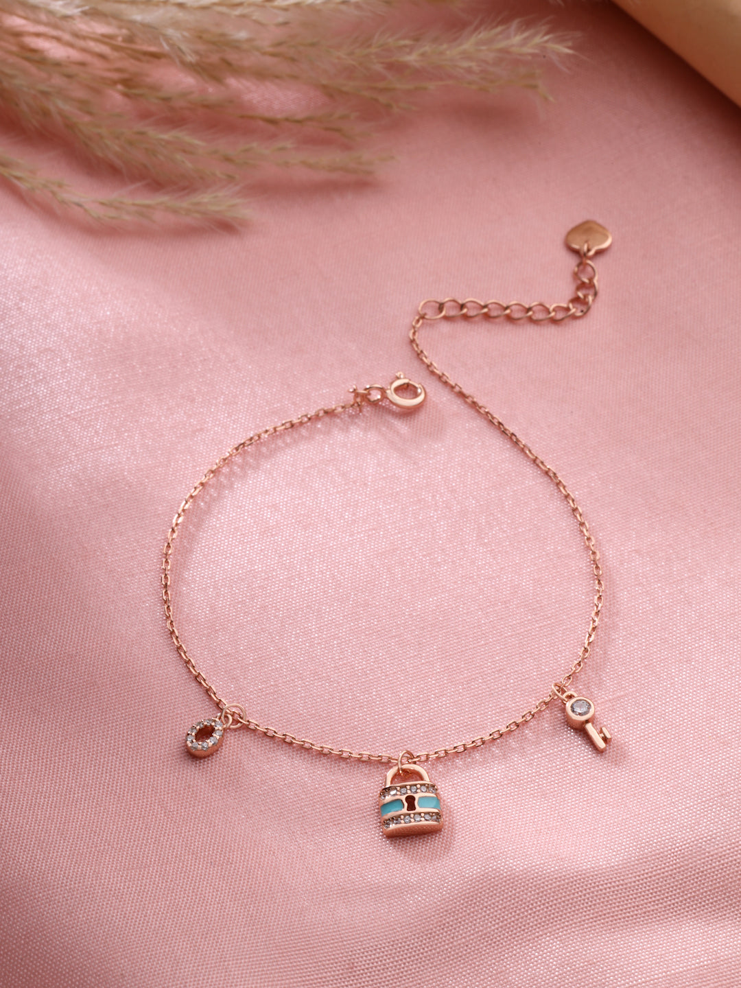 Rose Gold Turquoise Enamel Lock & Key Charm Bracelet in Sterling Silver