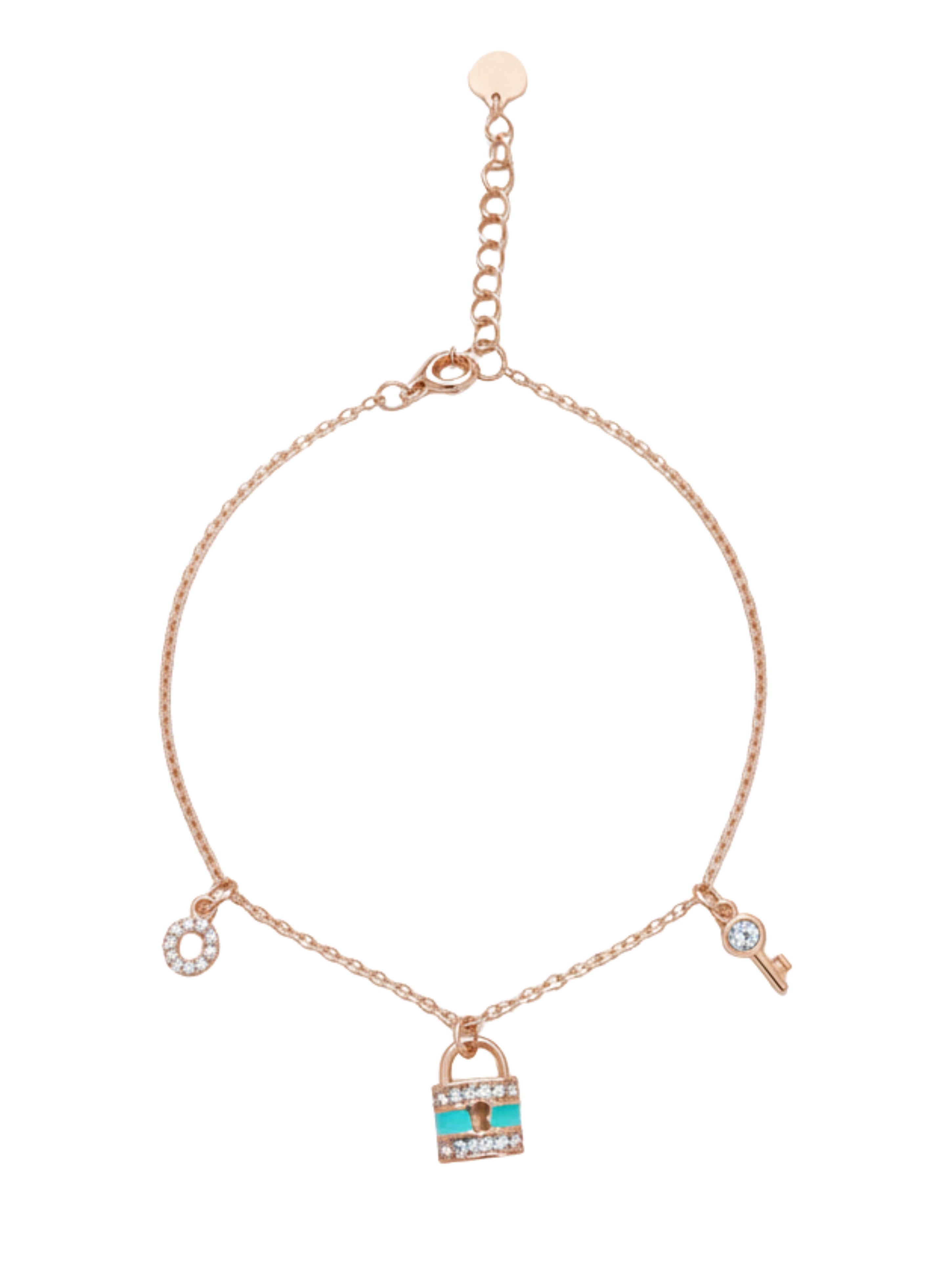 Rose Gold Turquoise Enamel Lock & Key Charm Bracelet in Sterling Silver