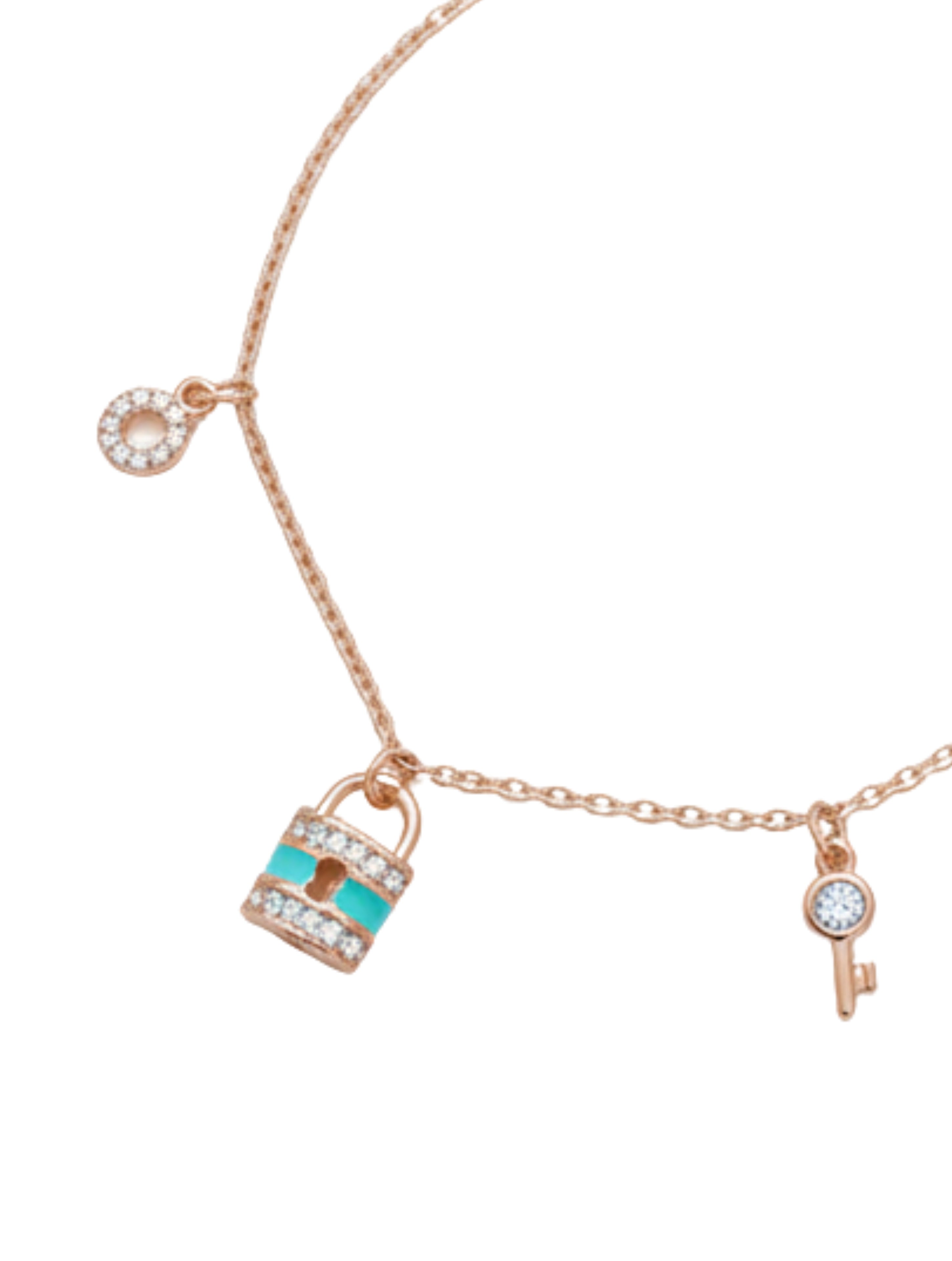Rose Gold Turquoise Enamel Lock & Key Charm Bracelet in Sterling Silver