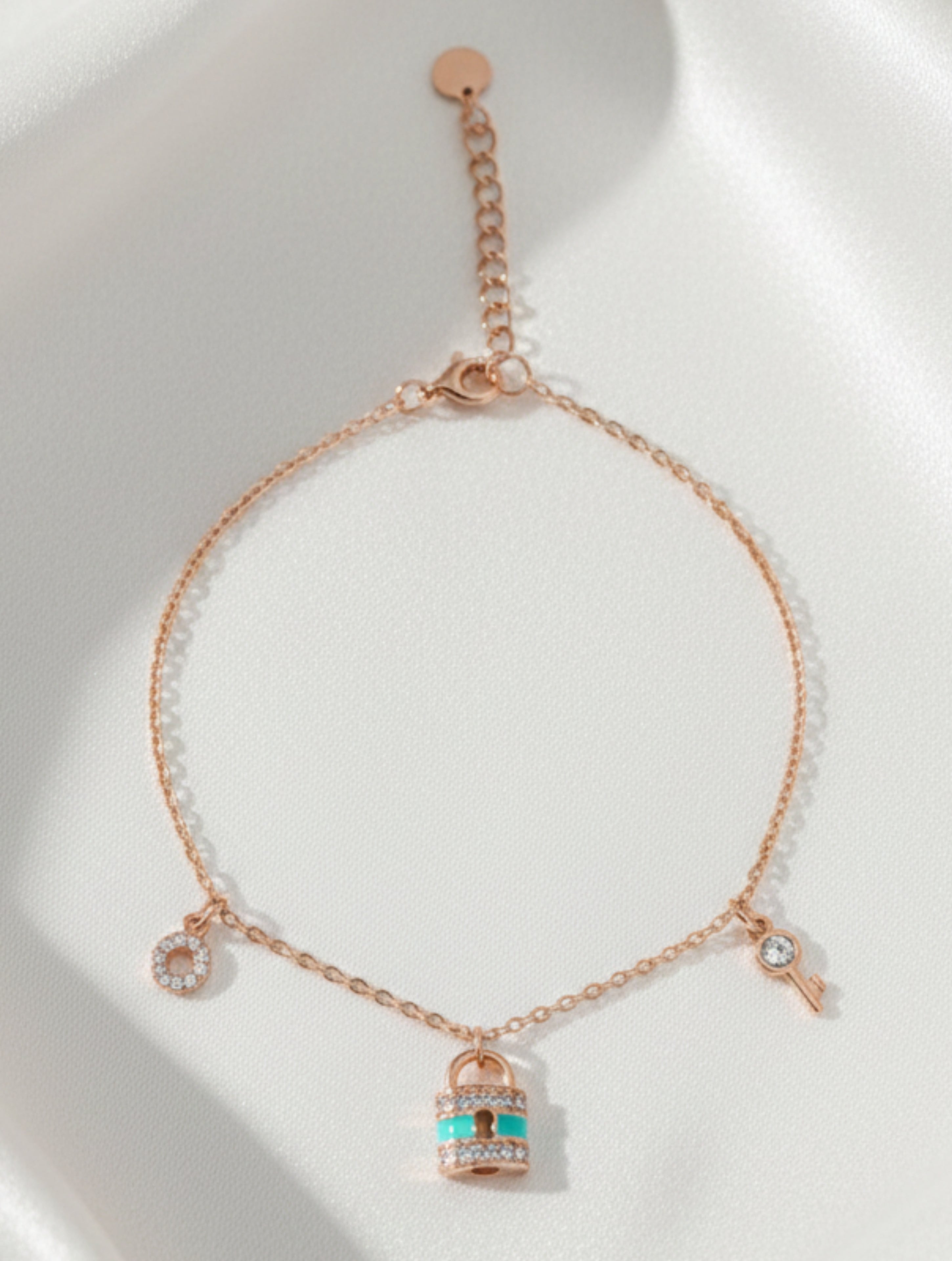 Rose Gold Turquoise Enamel Lock & Key Charm Bracelet in Sterling Silver