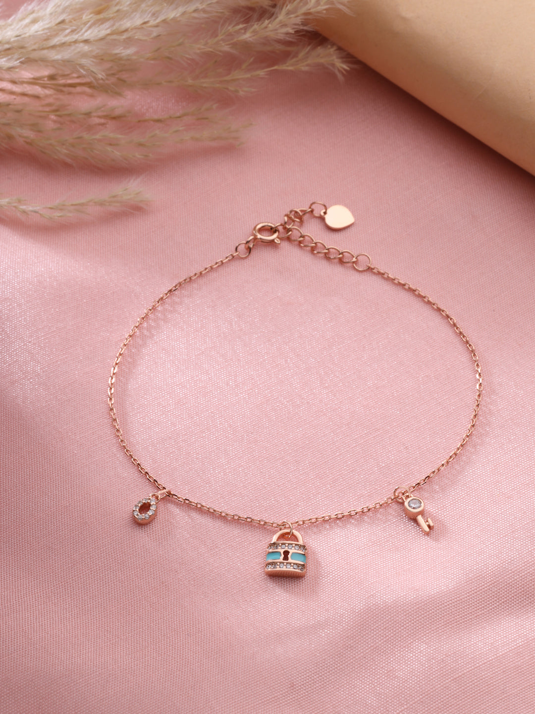 Rose Gold Turquoise Enamel Lock & Key Charm Bracelet in Sterling Silver