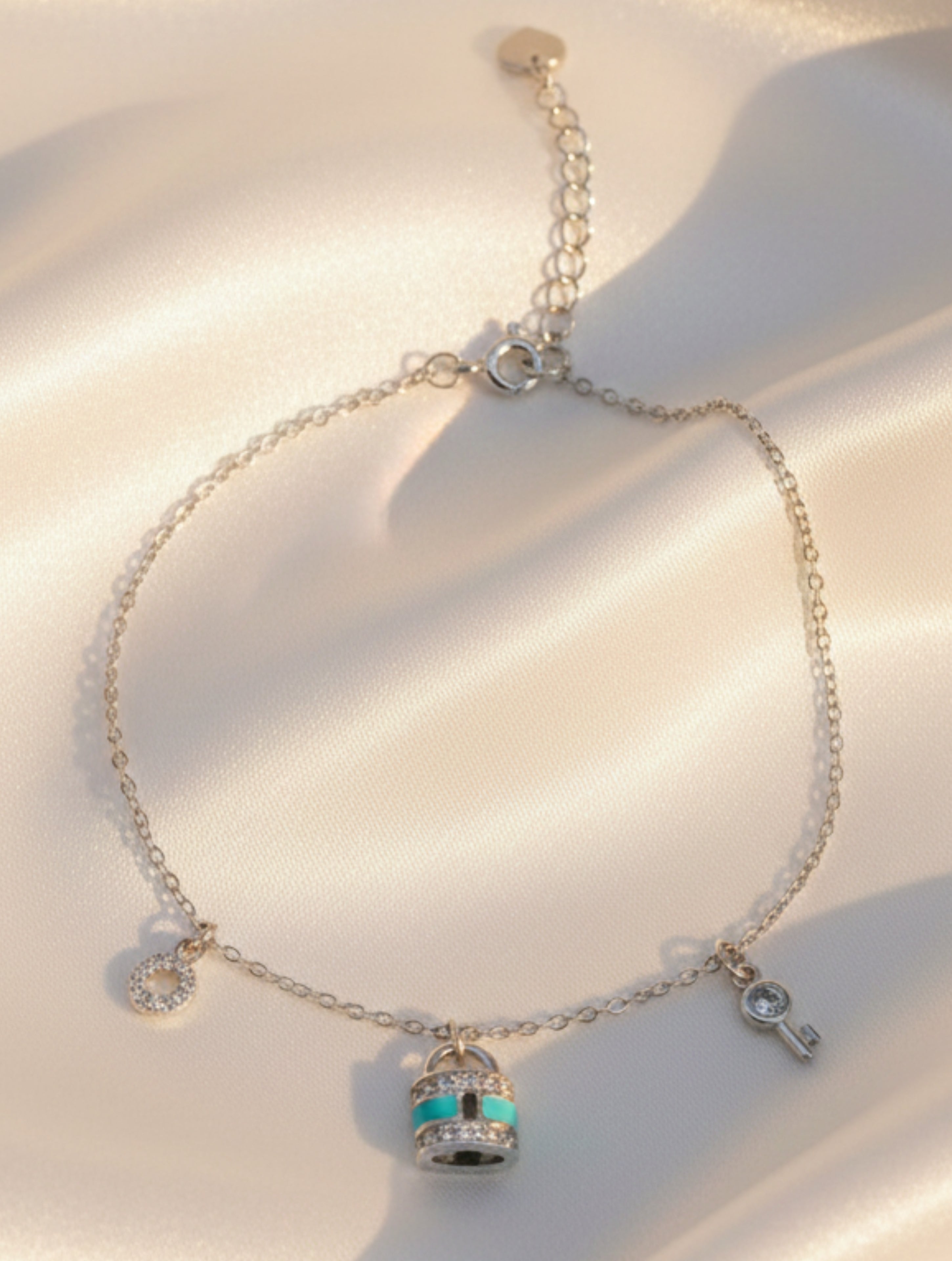 925 Sterling Silver Turquoise Enamel Padlock & Key Charm Bracelet