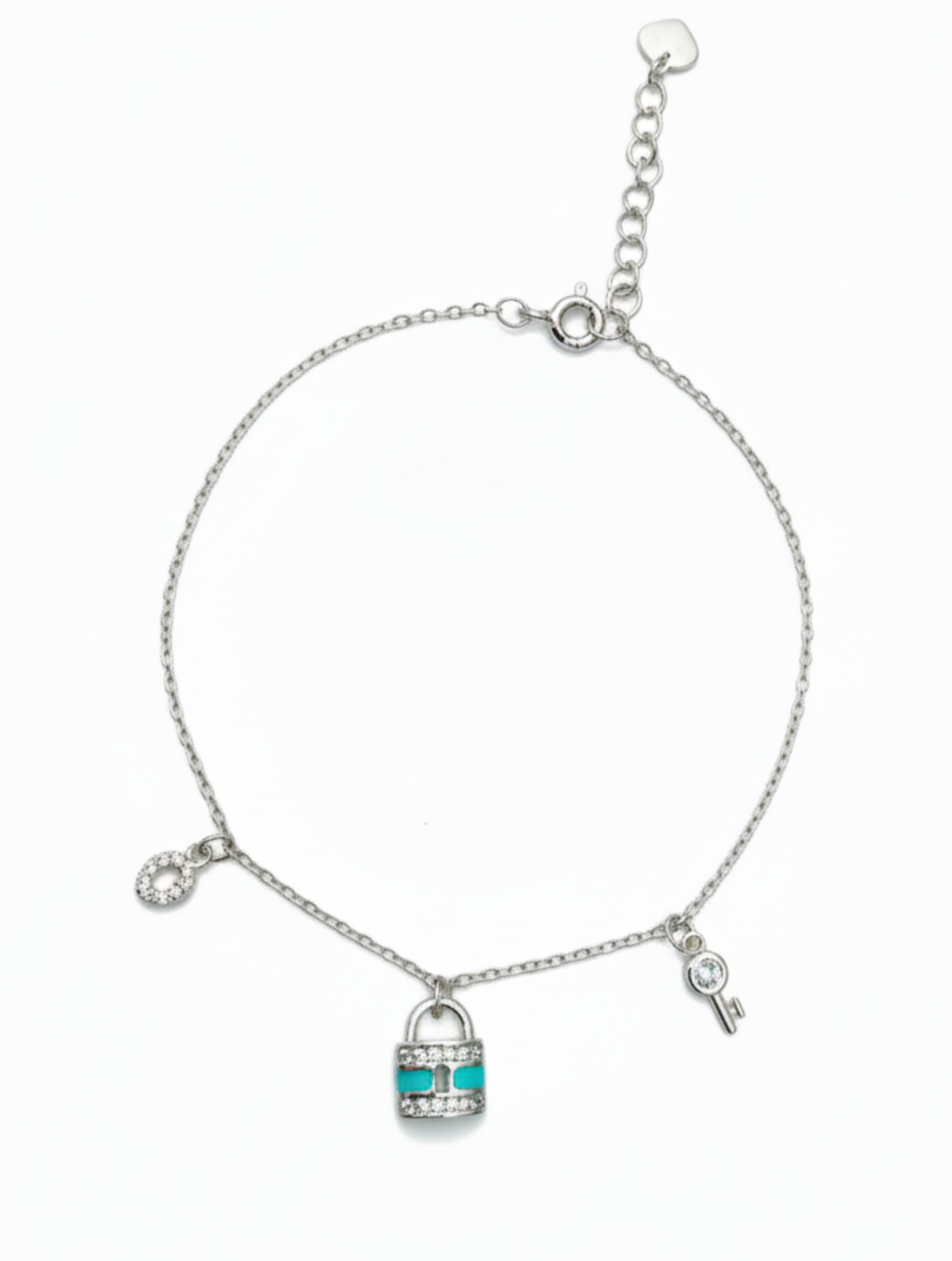 925 Sterling Silver Turquoise Enamel Padlock & Key Charm Bracelet