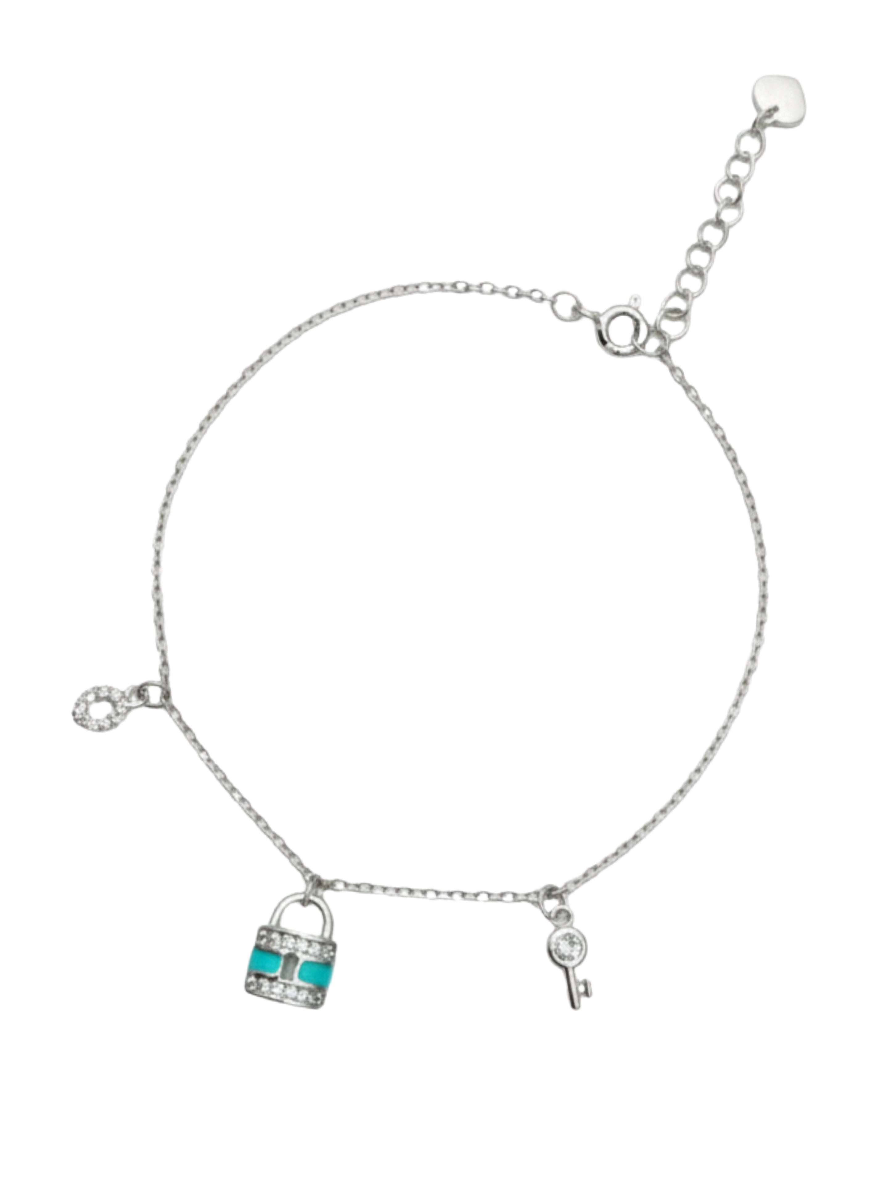 925 Sterling Silver Turquoise Enamel Padlock & Key Charm Bracelet