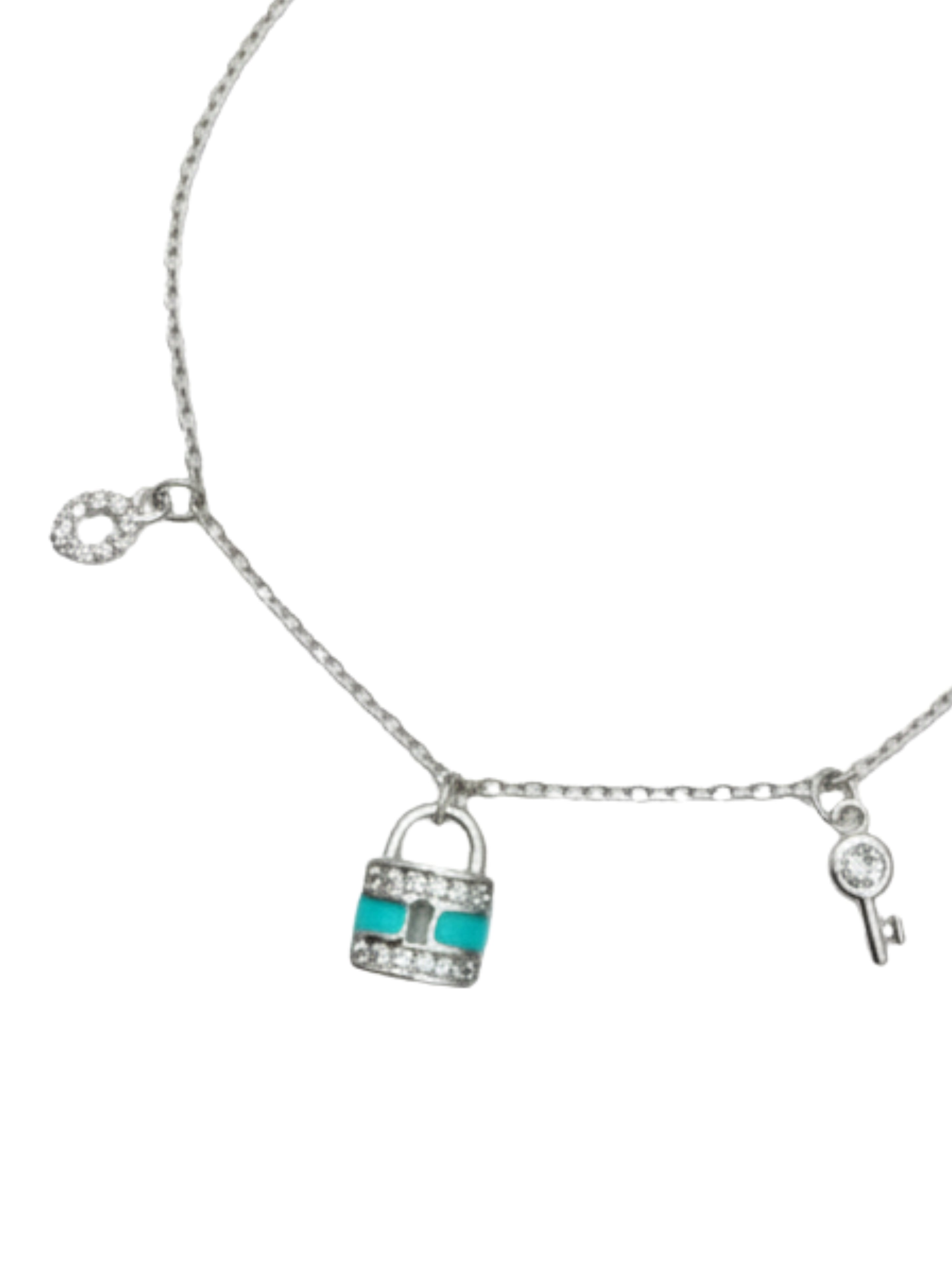 925 Sterling Silver Turquoise Enamel Padlock & Key Charm Bracelet