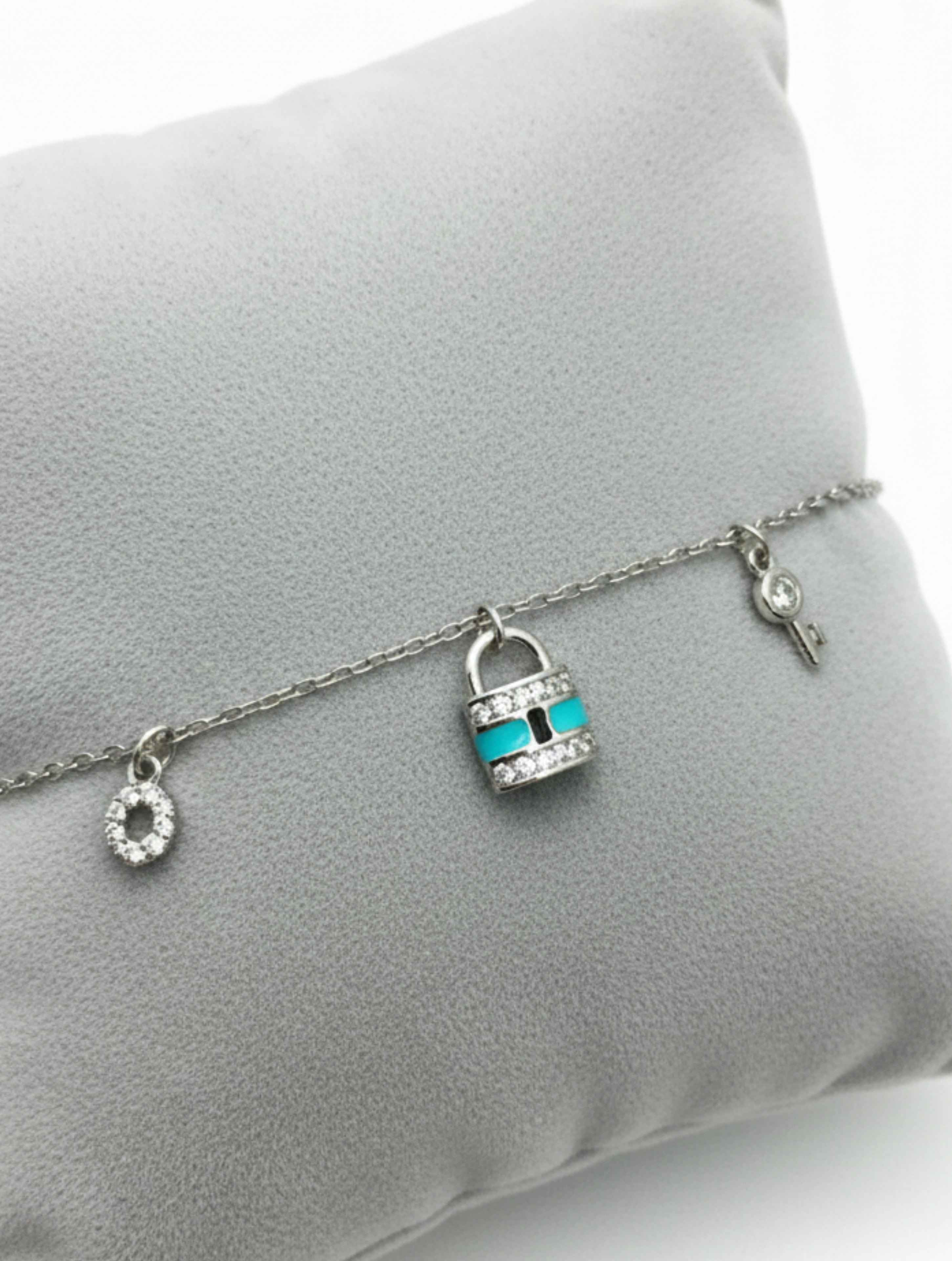 925 Sterling Silver Turquoise Enamel Padlock & Key Charm Bracelet