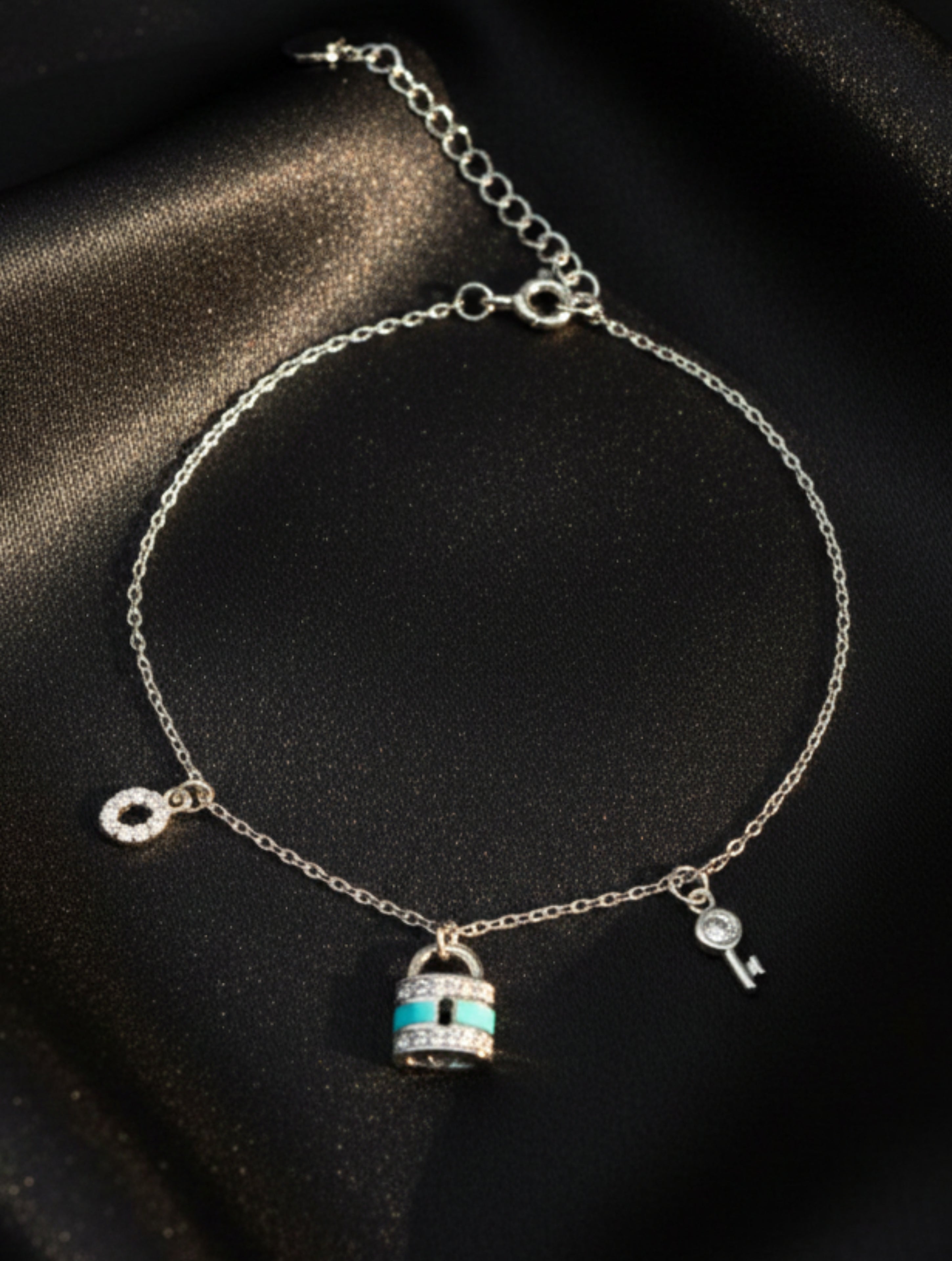 925 Sterling Silver Turquoise Enamel Padlock & Key Charm Bracelet