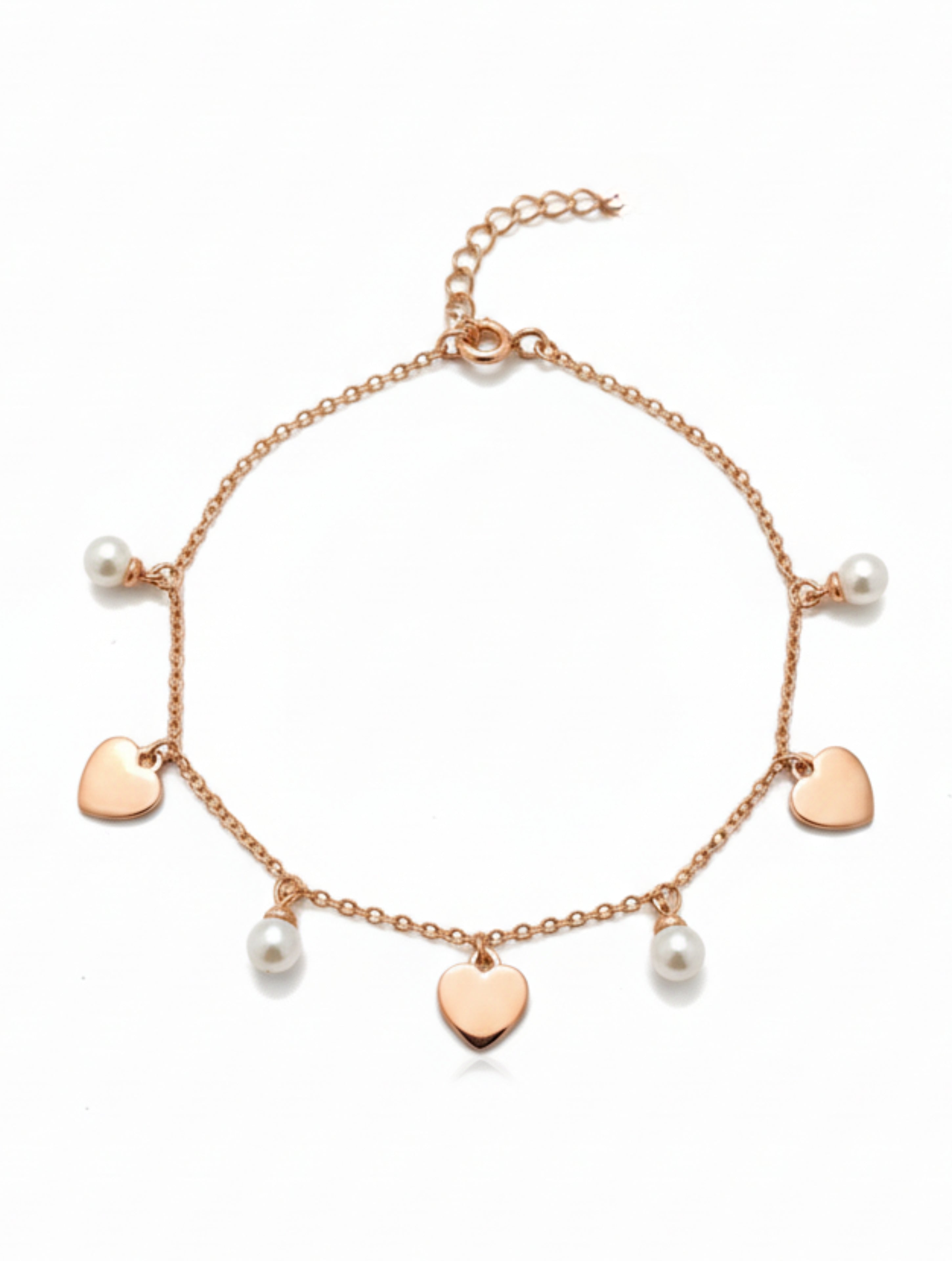 Rose Gold Plated 925 Sterling Silver Heart & Pearl Charm Bracelet