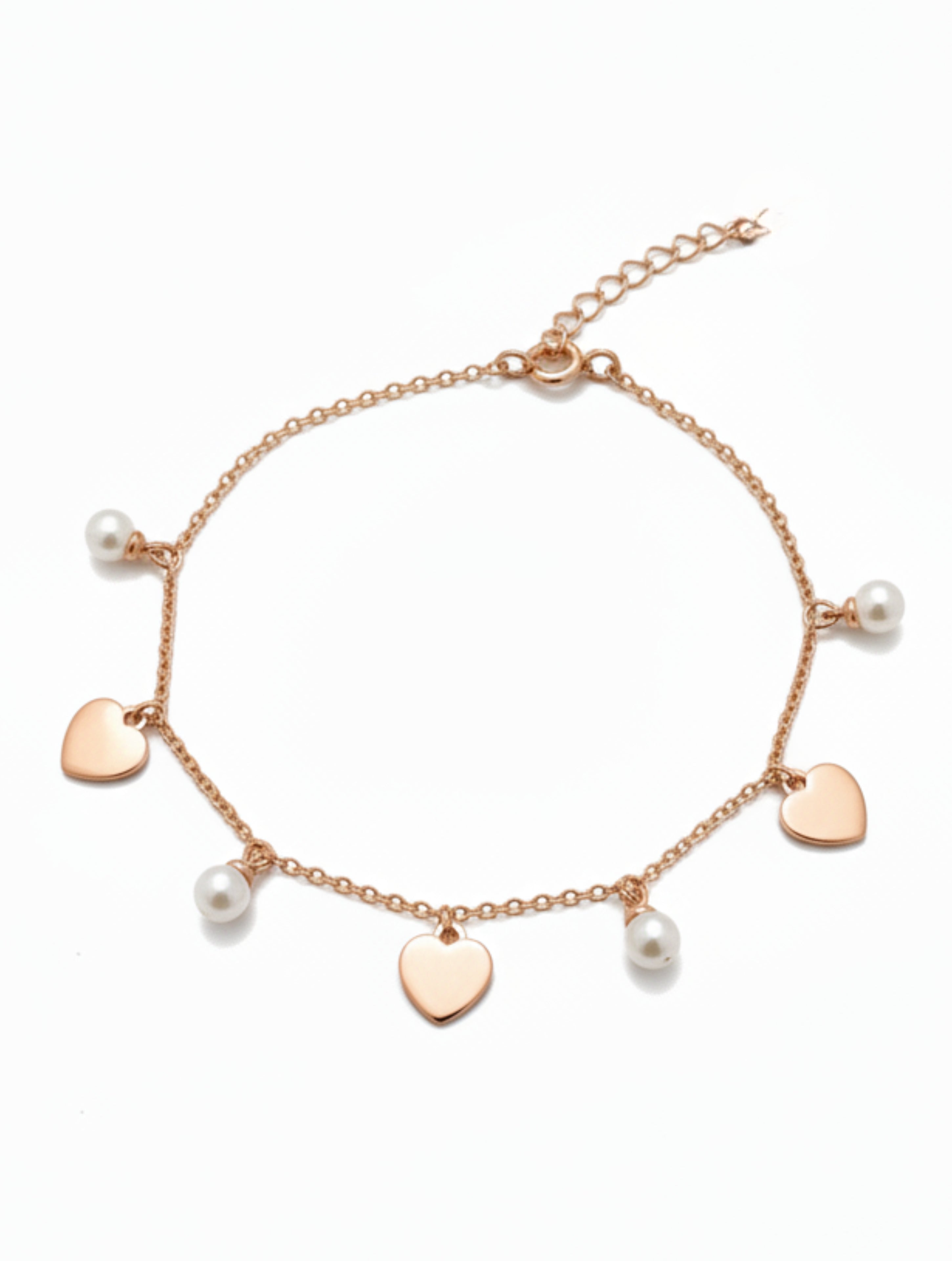 Rose Gold Plated 925 Sterling Silver Heart & Pearl Charm Bracelet
