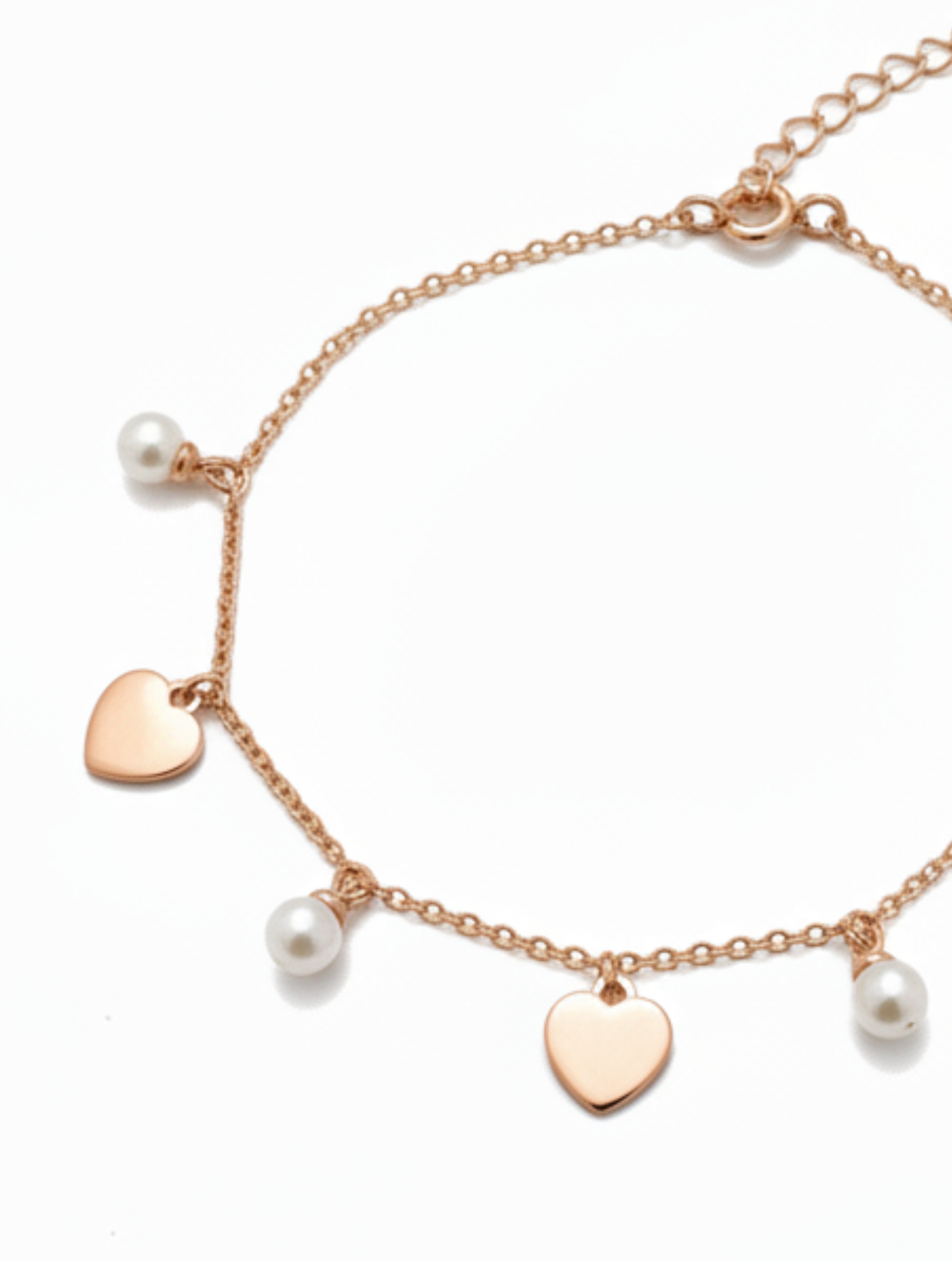 Rose Gold Plated 925 Sterling Silver Heart & Pearl Charm Bracelet