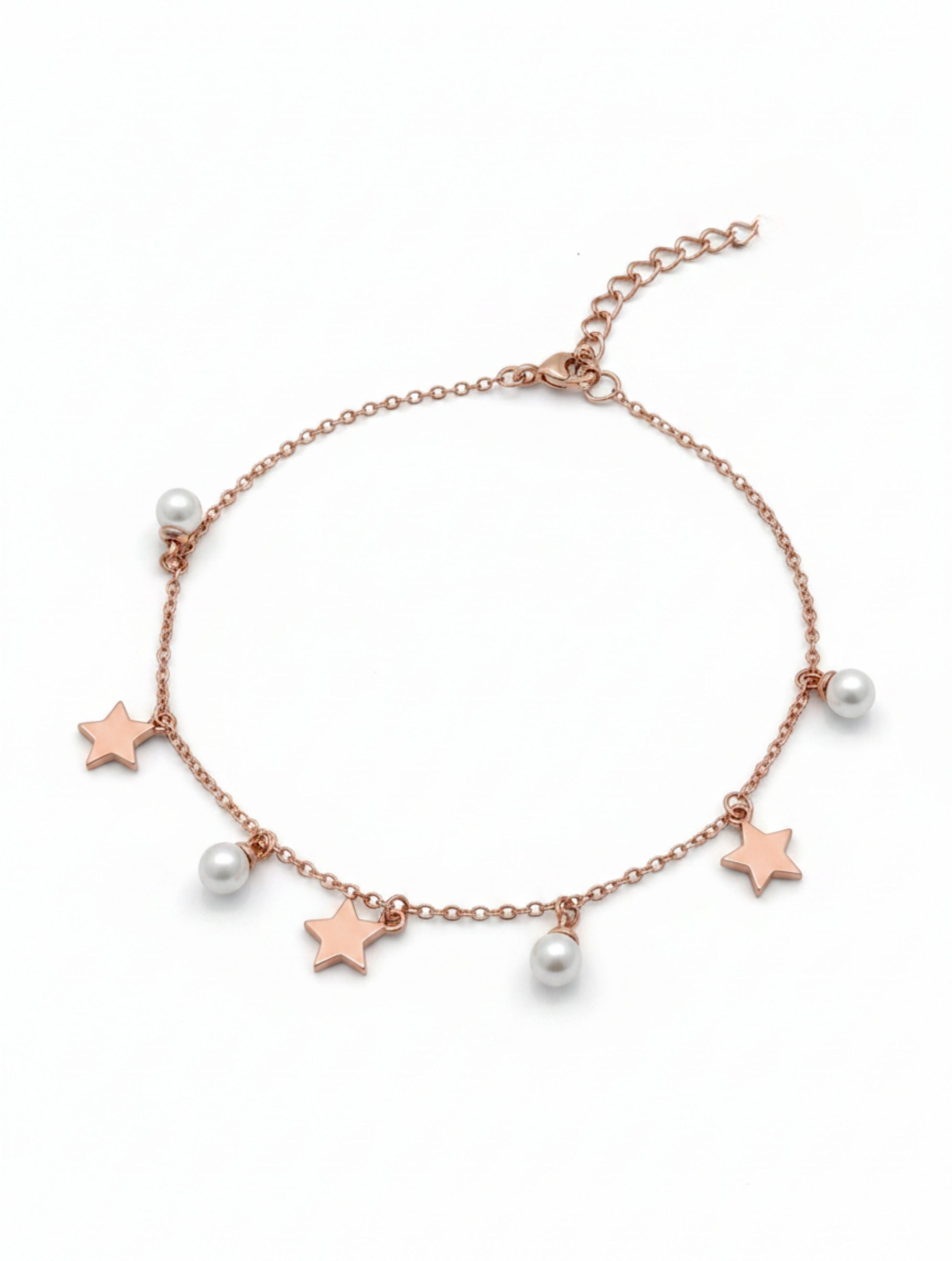 Star & Pearl Drop Charm Silver Bracelet in Rose Gold