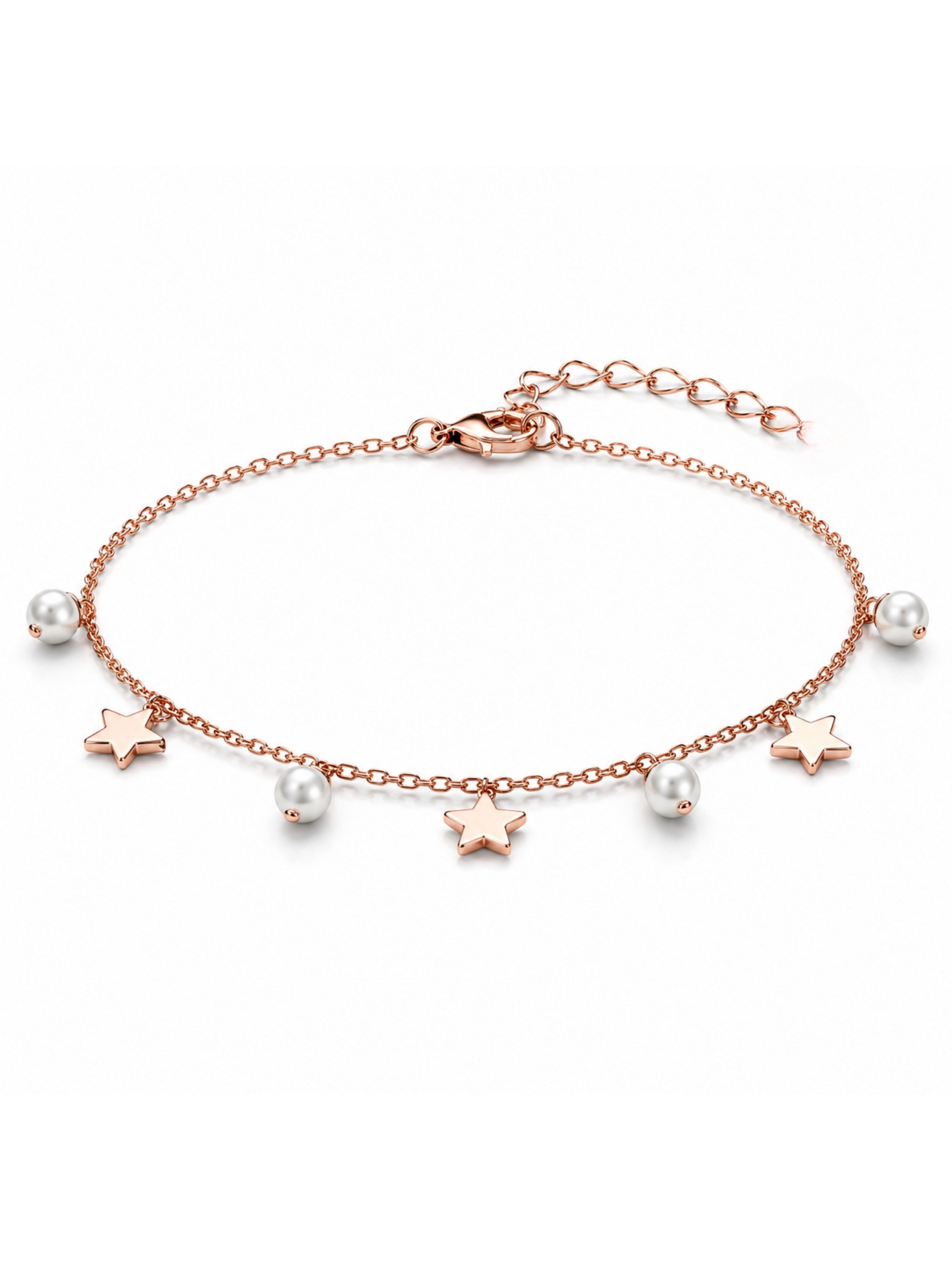 Star & Pearl Drop Charm Silver Bracelet in Rose Gold