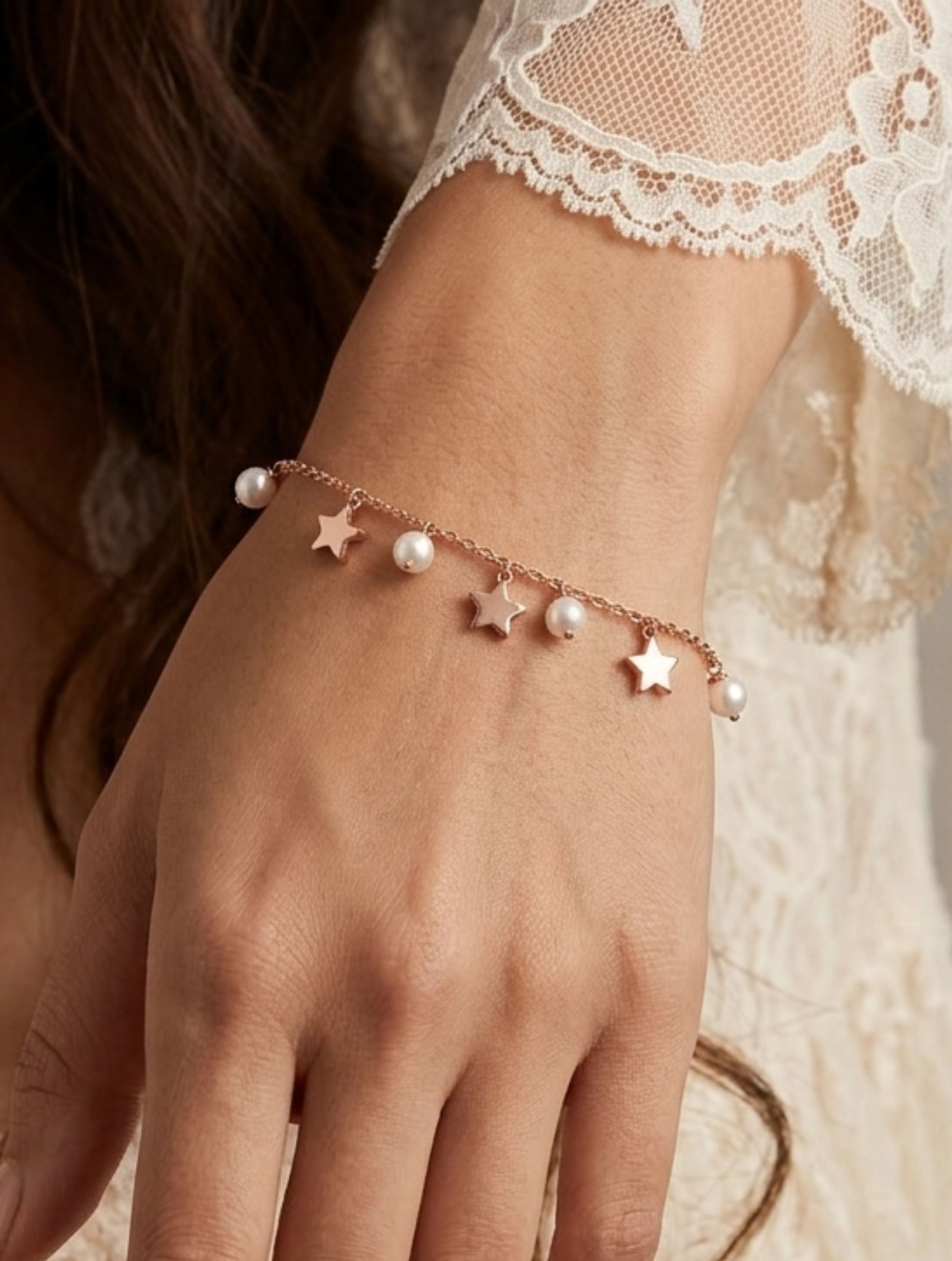 Star & Pearl Drop Charm Silver Bracelet in Rose Gold