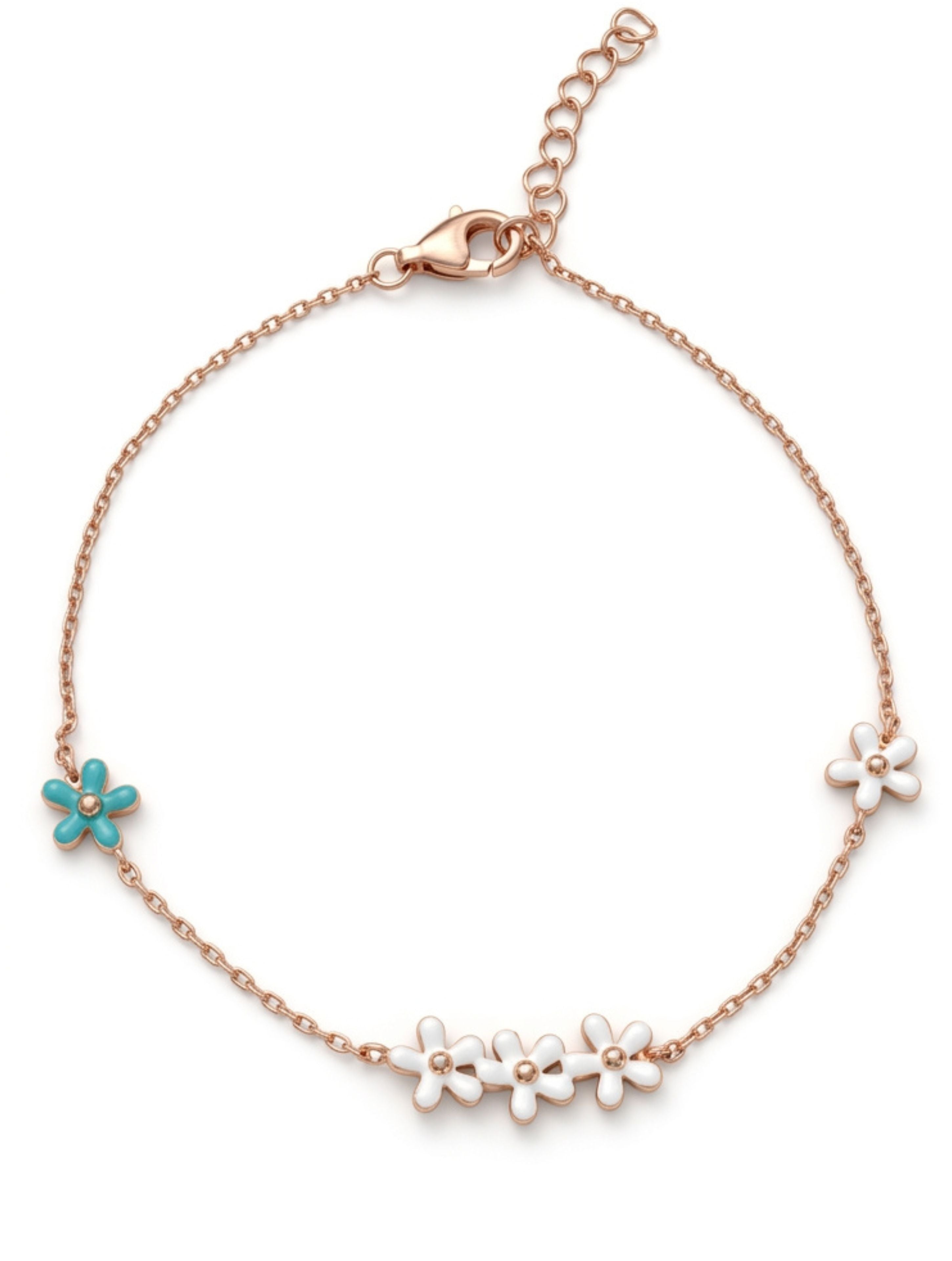 Rose Gold Blossom Trio & Turquoise Accent Enamel Bracelet in 925 Sterling Silver