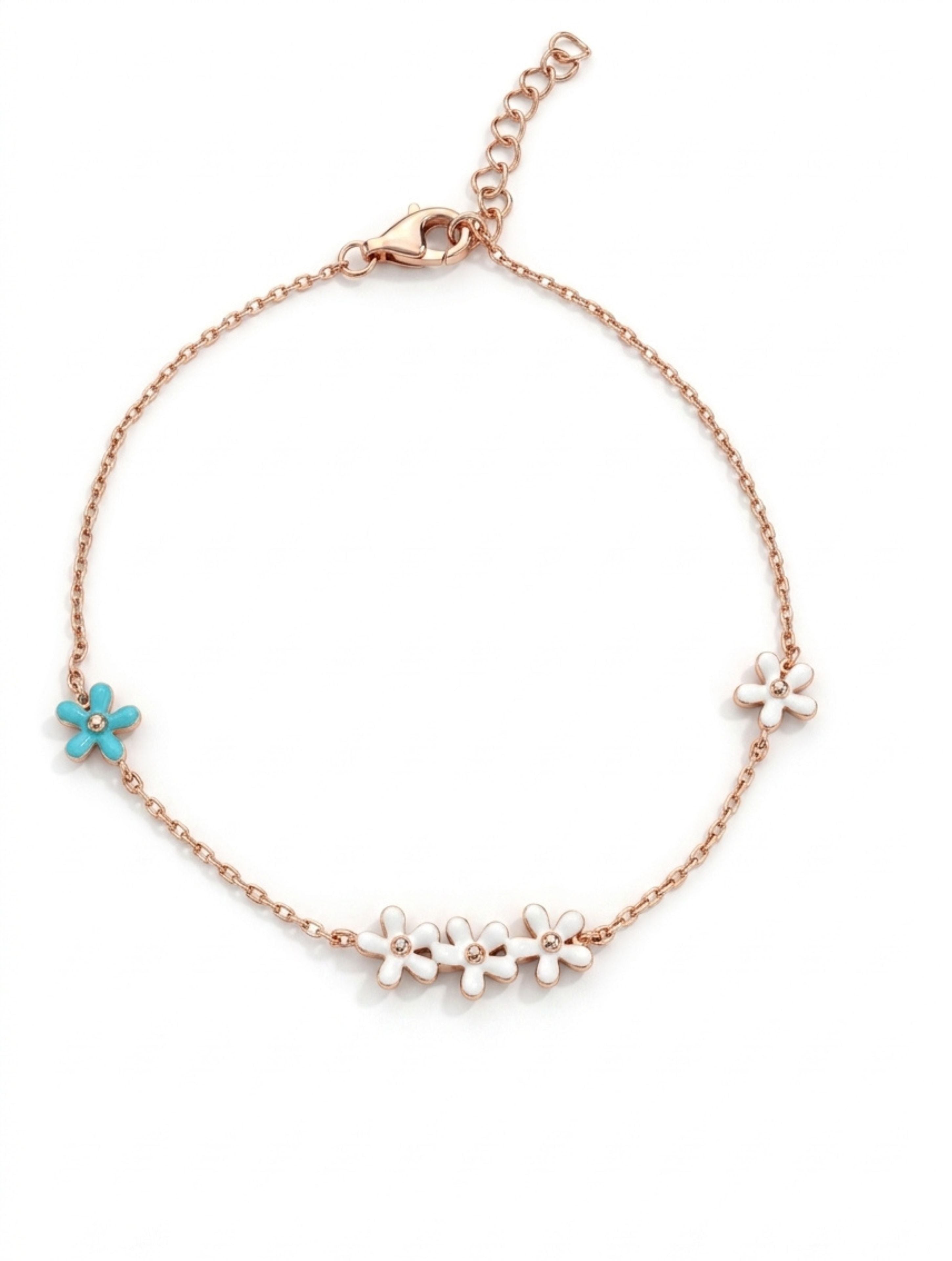 Rose Gold Blossom Trio & Turquoise Accent Enamel Bracelet in 925 Sterling Silver