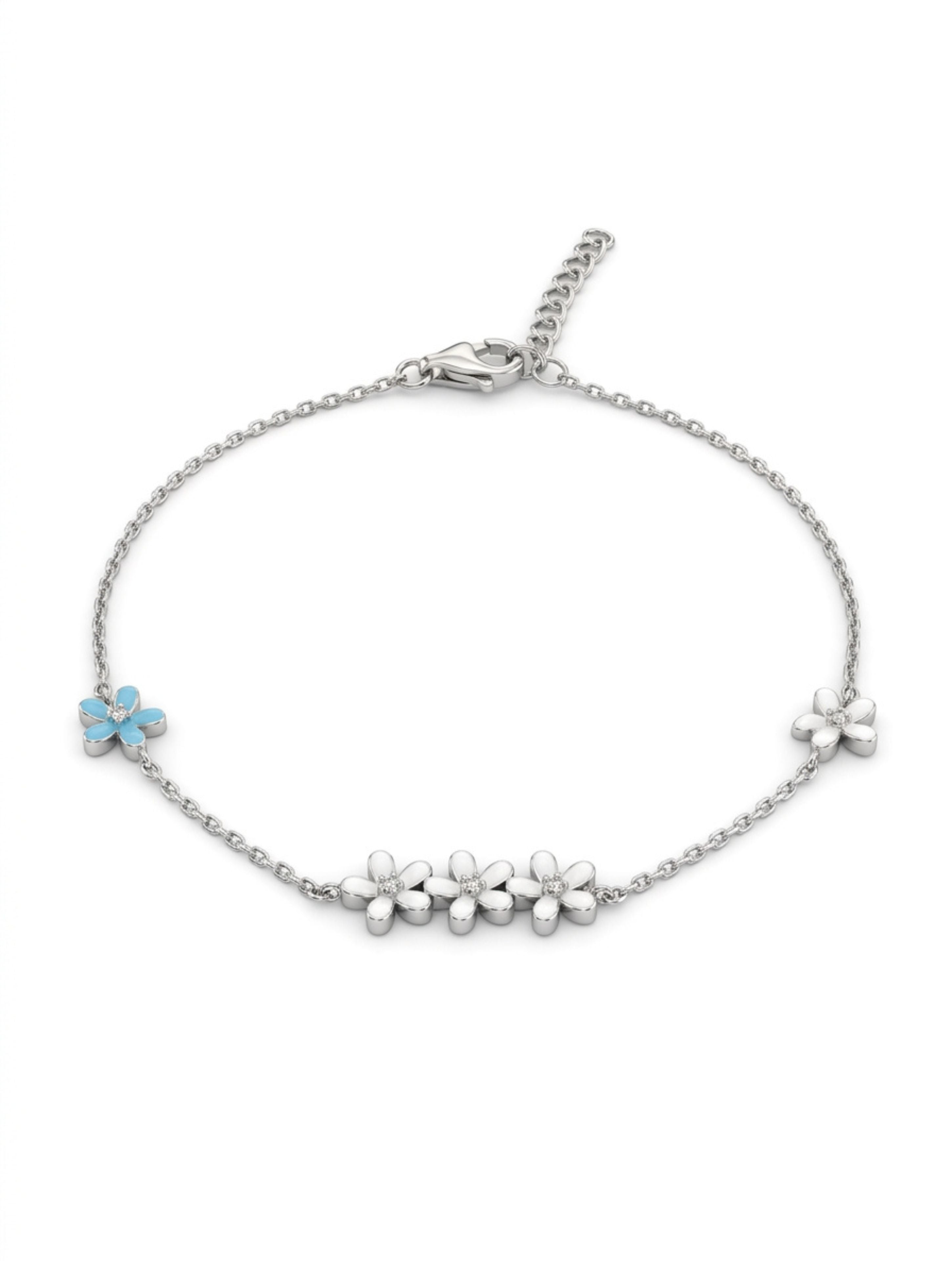Sterling Silver Blossom Trio & Turquoise Accent Enamel Bracelet
