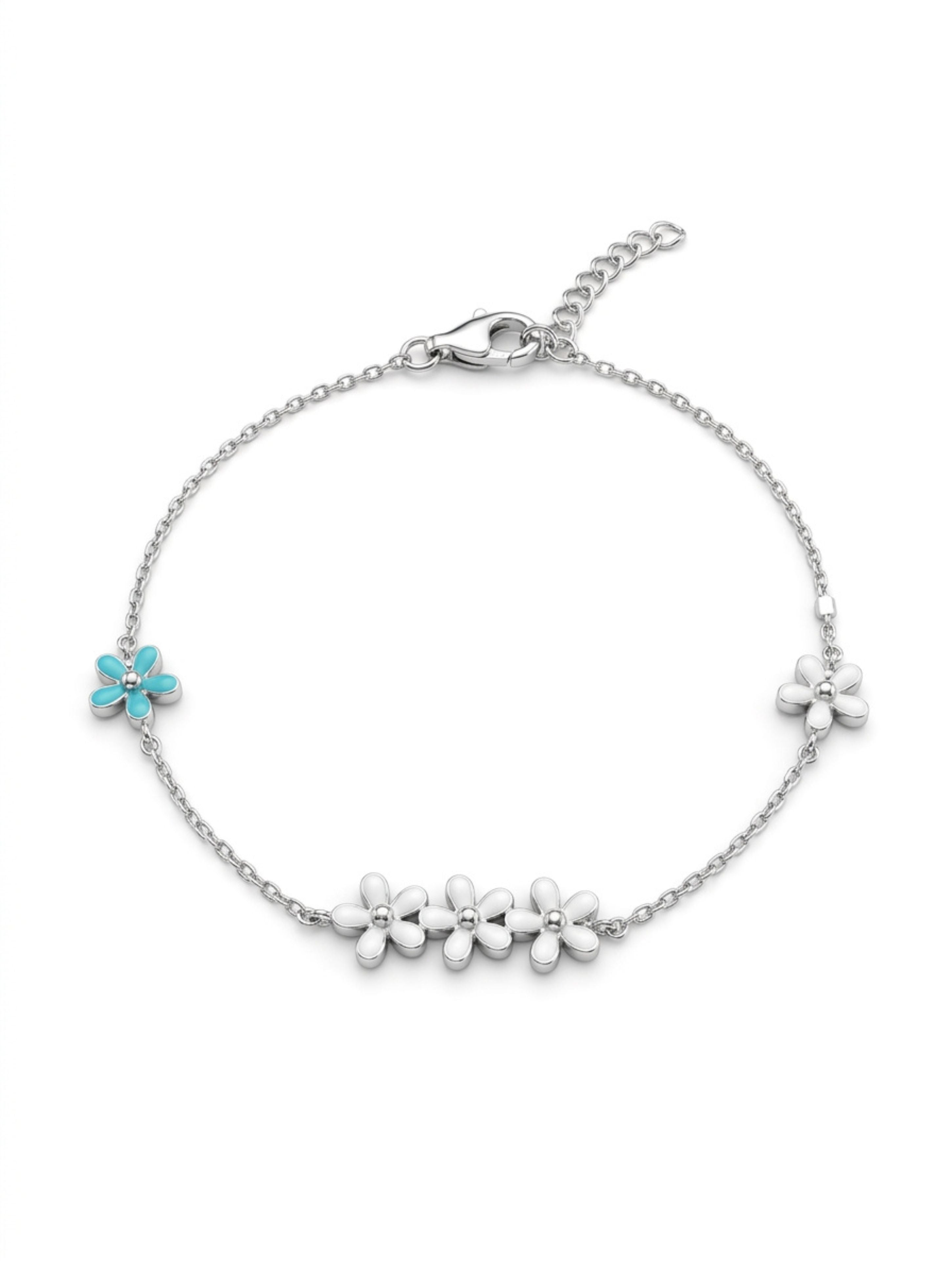 Sterling Silver Blossom Trio & Turquoise Accent Enamel Bracelet