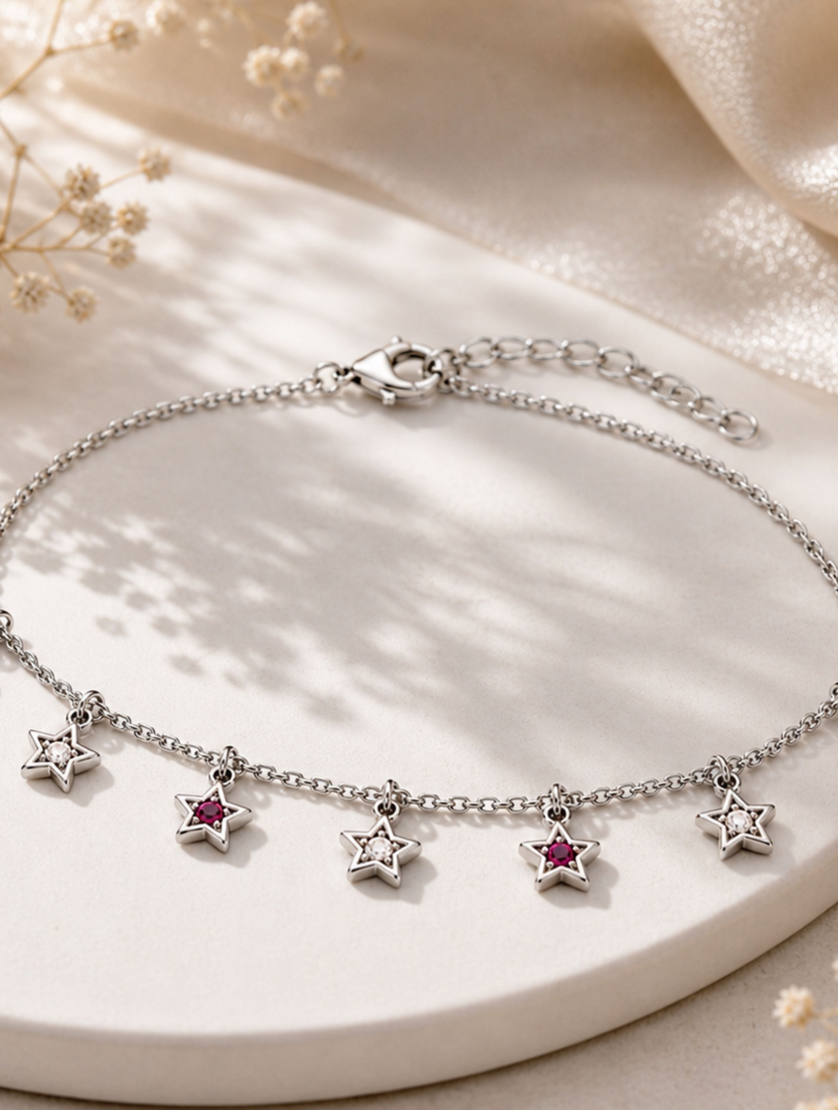 925 Sterling Silver Star Charm Bracelet with Red & White Stones