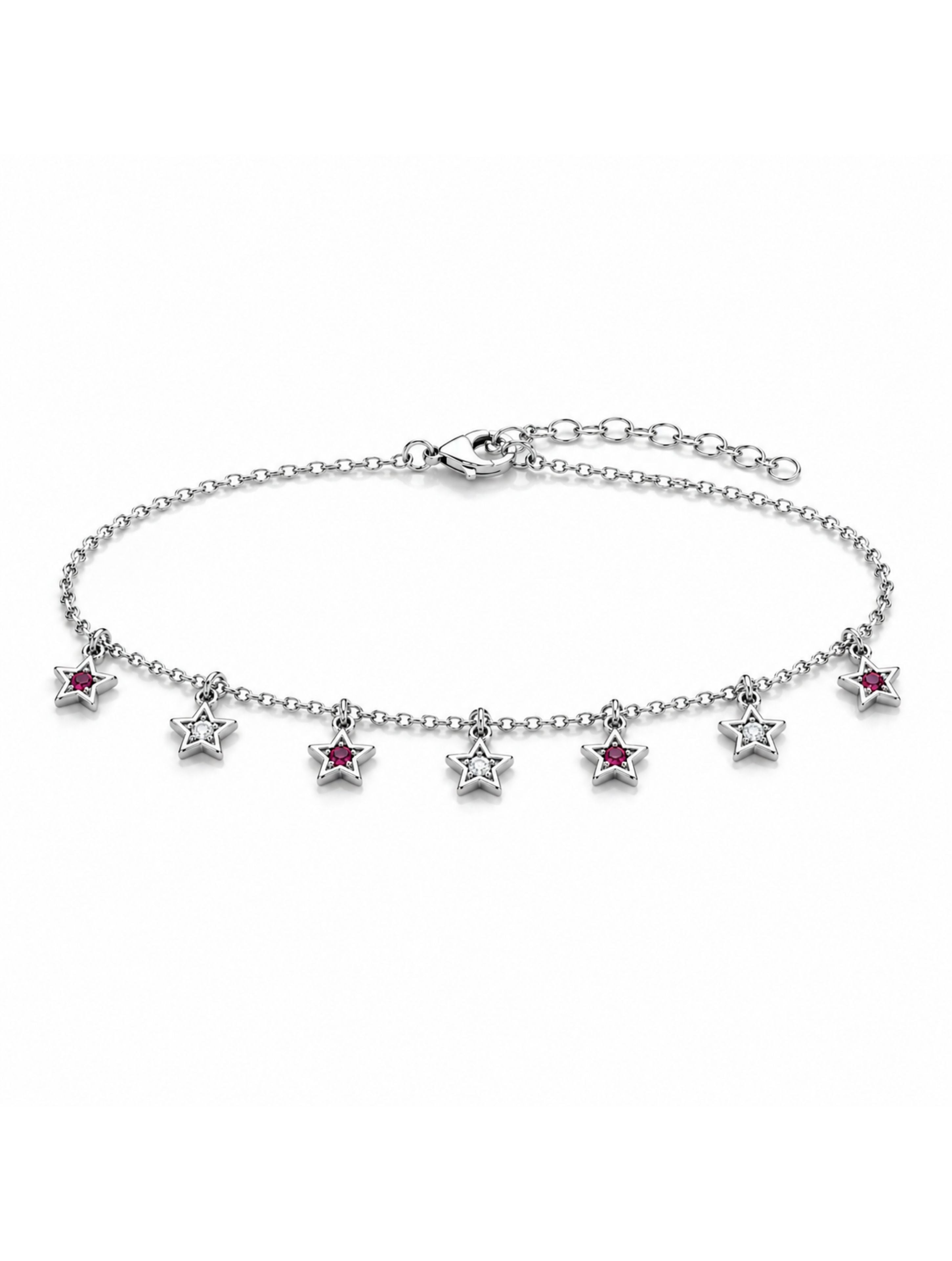 925 Sterling Silver Star Charm Bracelet with Red & White Stones