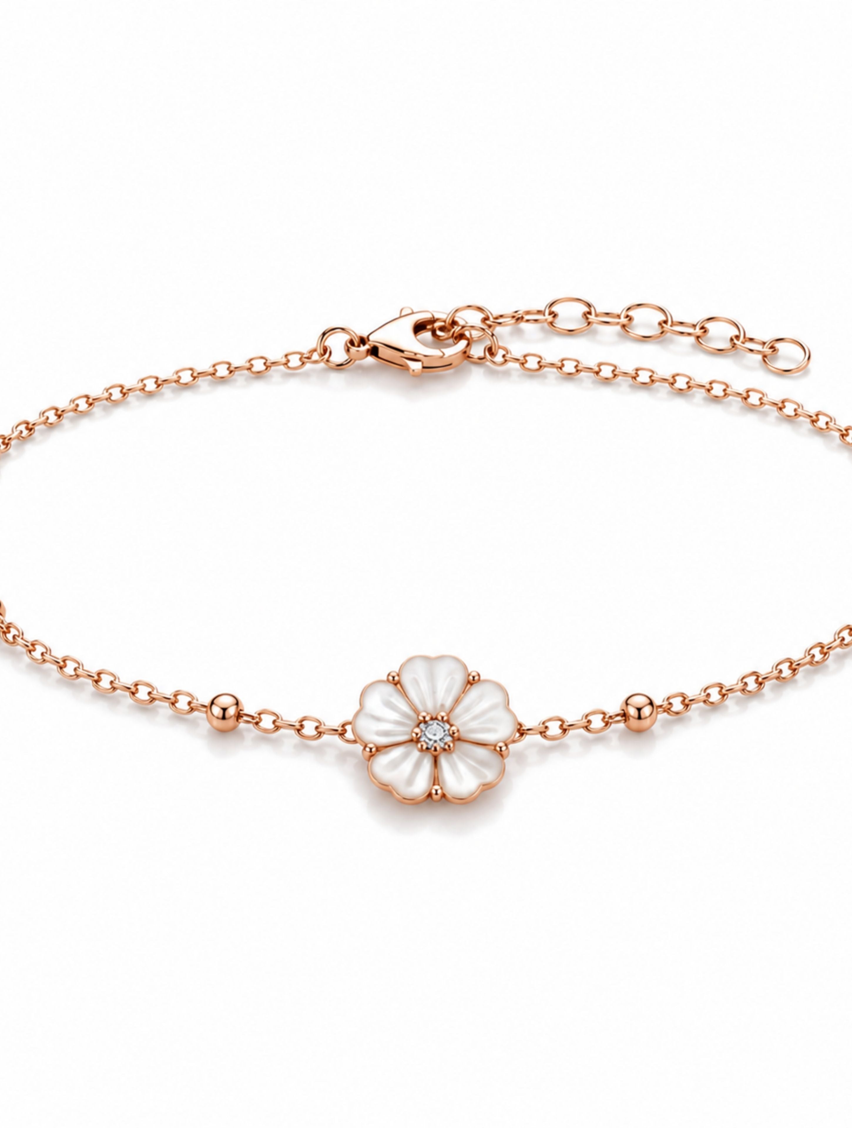 Rose Gold Floral Charm Sterling Silver Bracelet