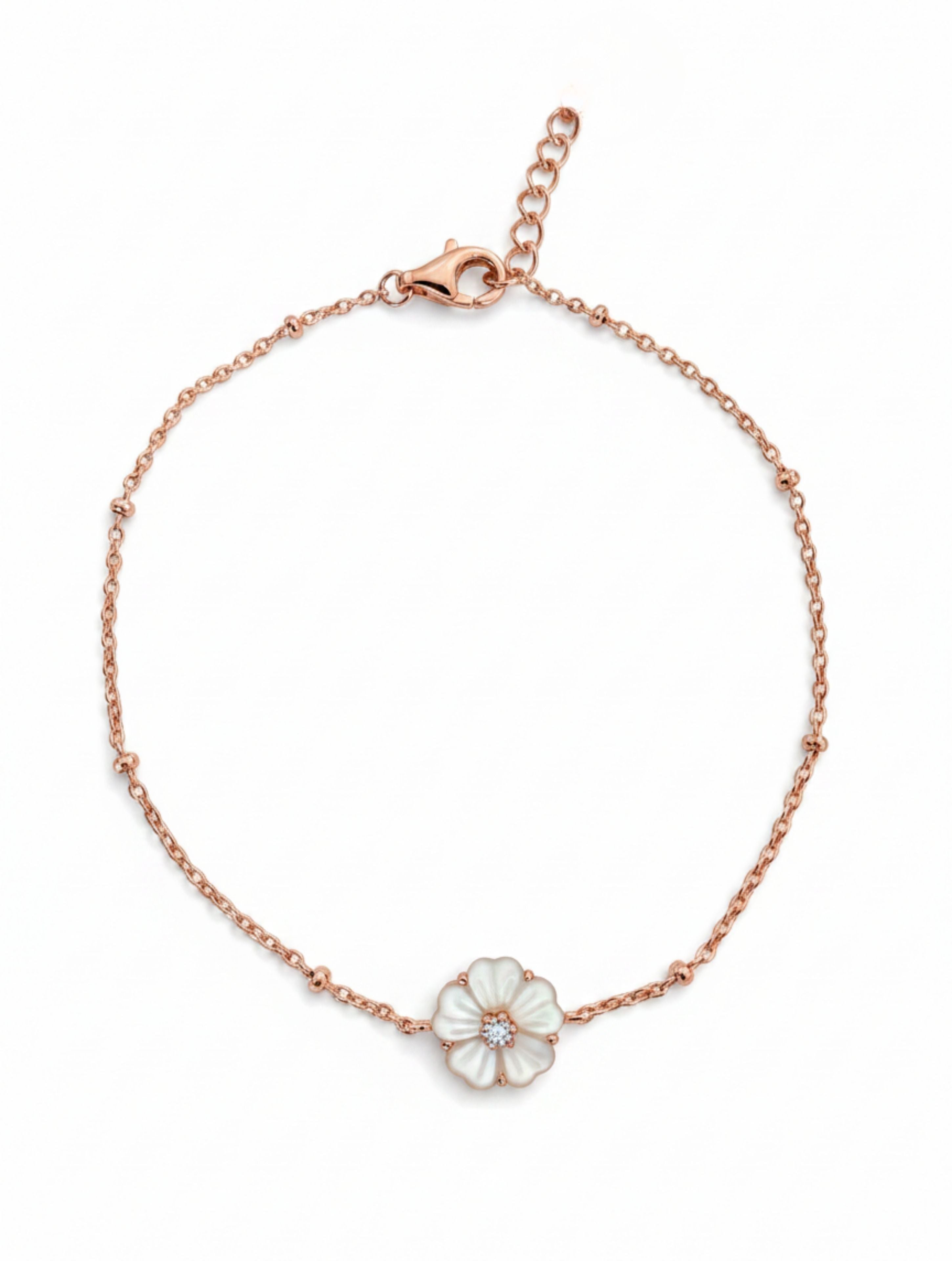 Rose Gold Floral Charm Sterling Silver Bracelet