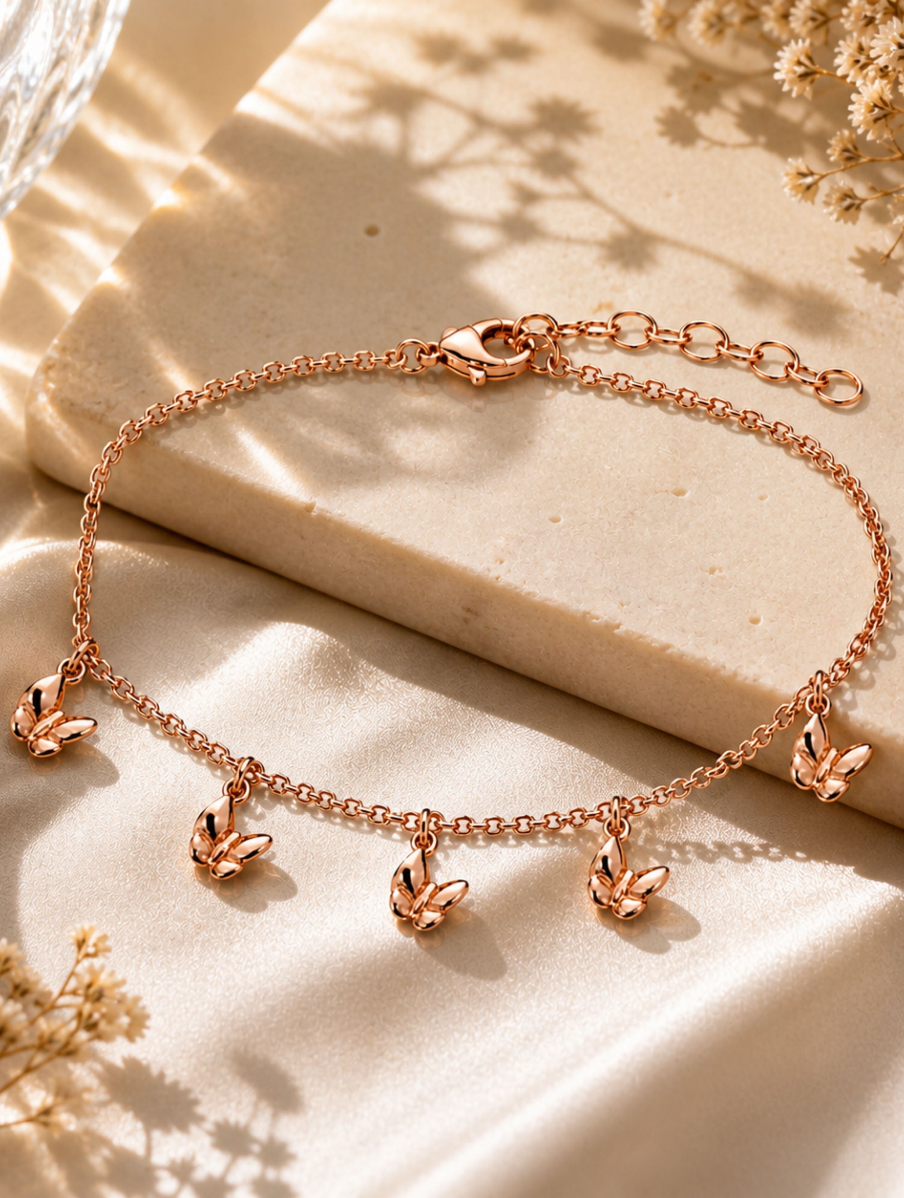 Rose Gold Flutter Butterfly Charm Bracelet In 925 Sterling Silver