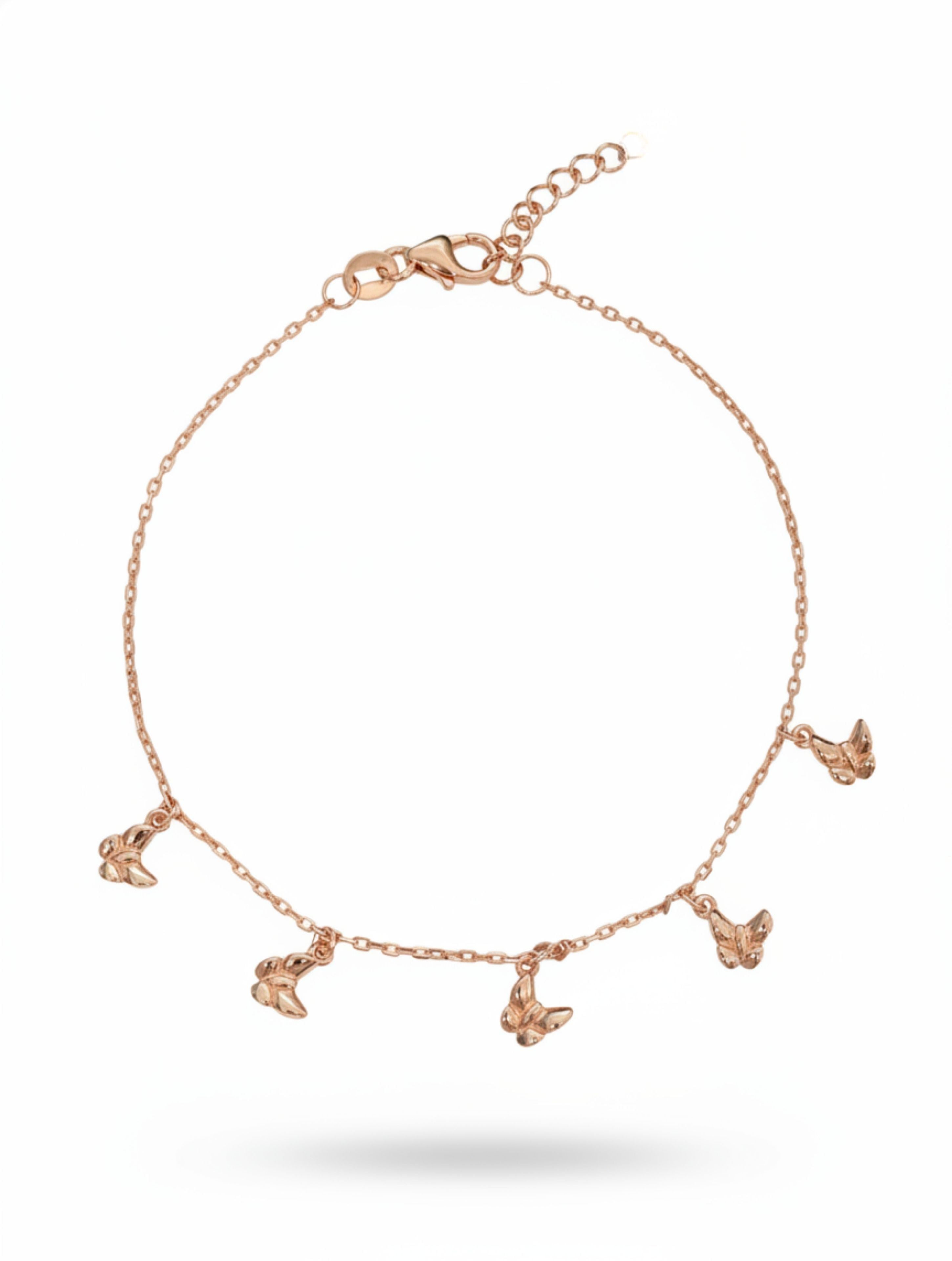 Rose Gold Flutter Butterfly Charm Bracelet In 925 Sterling Silver