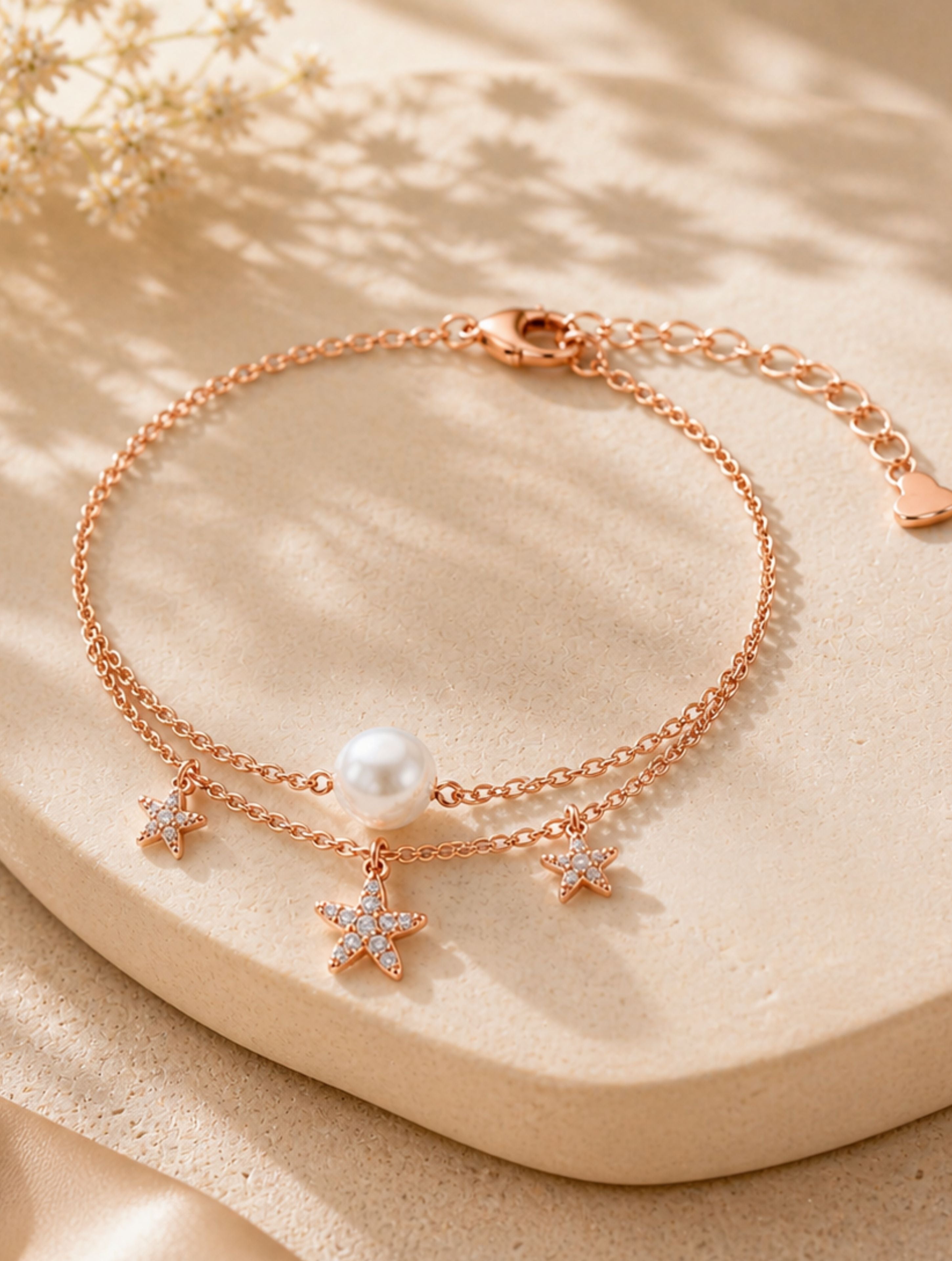 925 Silver Rose Gold Layered Star and Pearl Bracelet