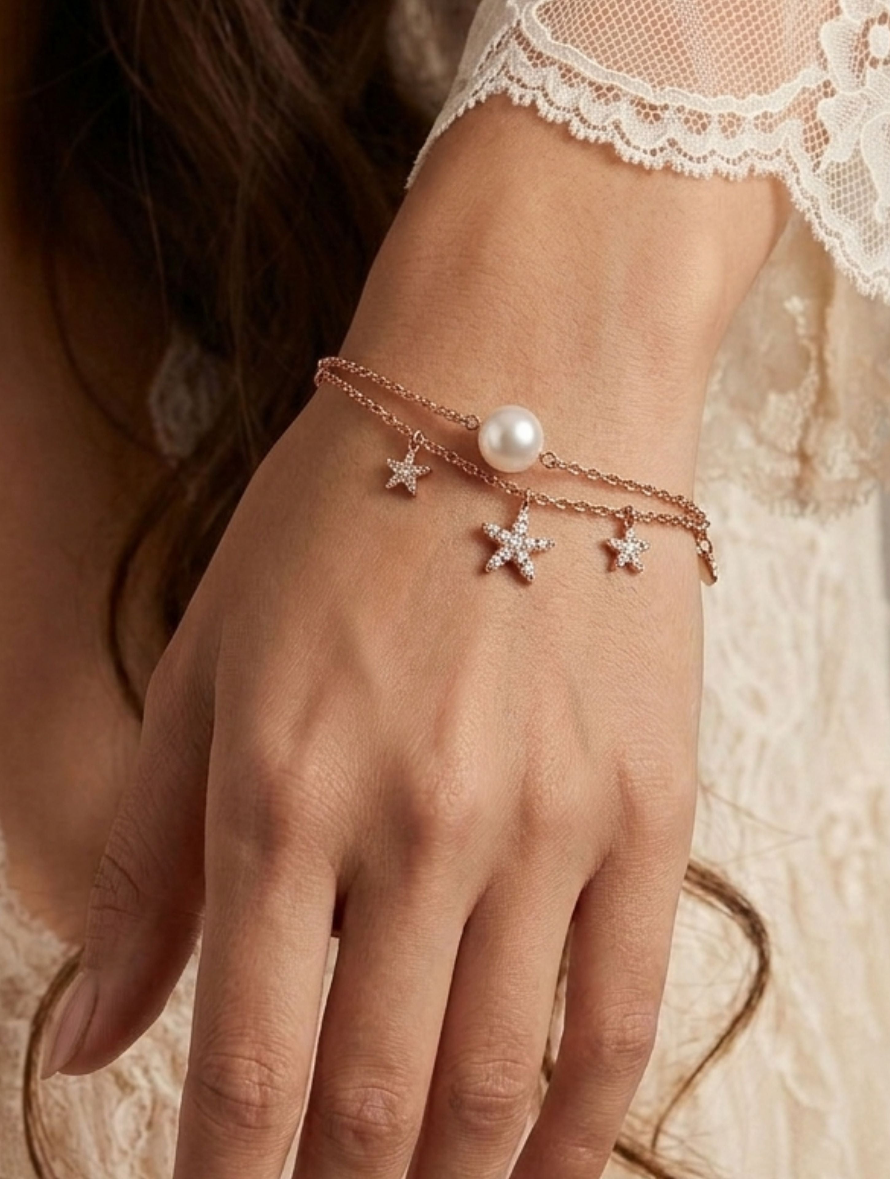 925 Silver Rose Gold Layered Star and Pearl Bracelet