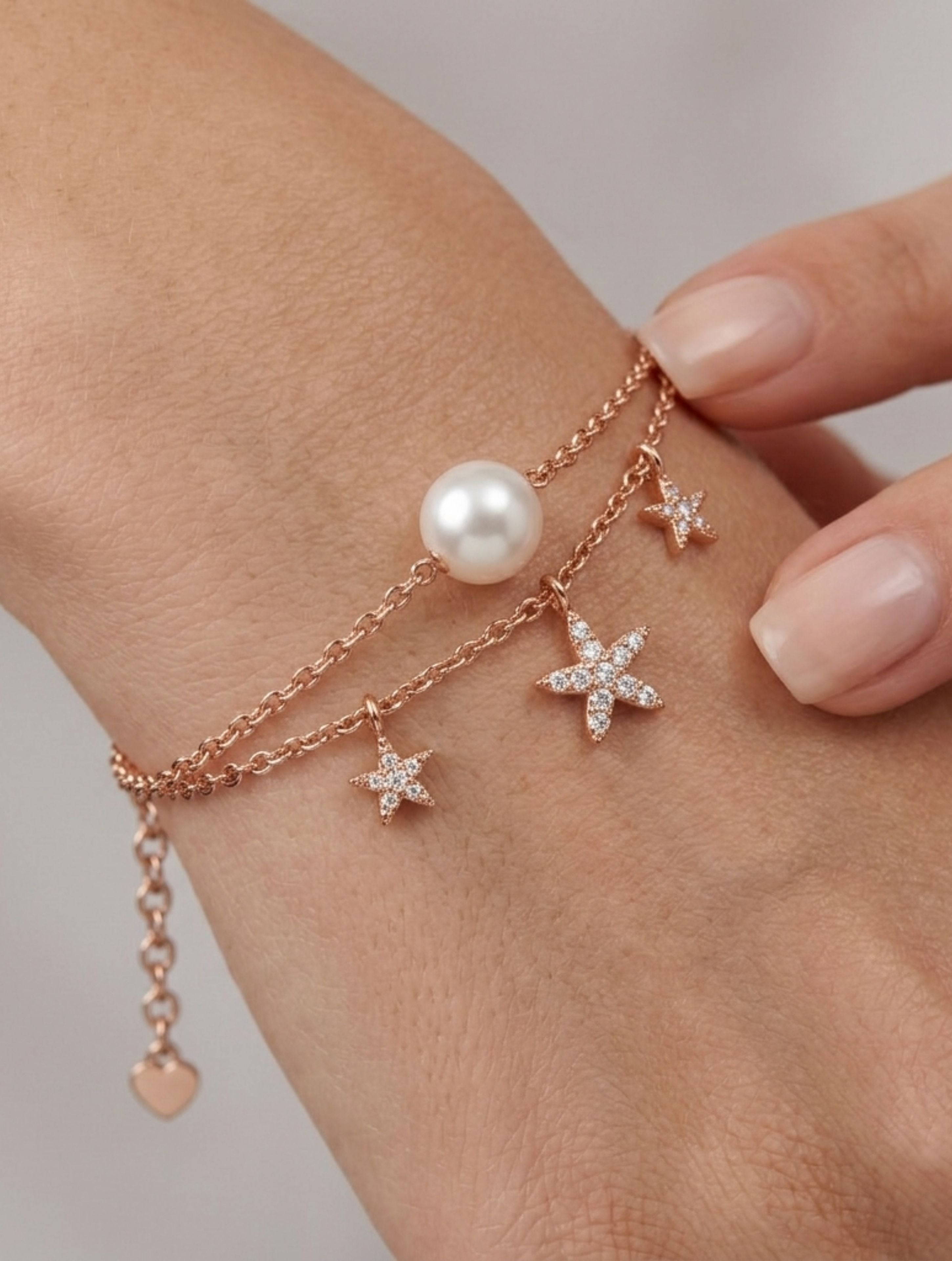925 Silver Rose Gold Layered Star and Pearl Bracelet