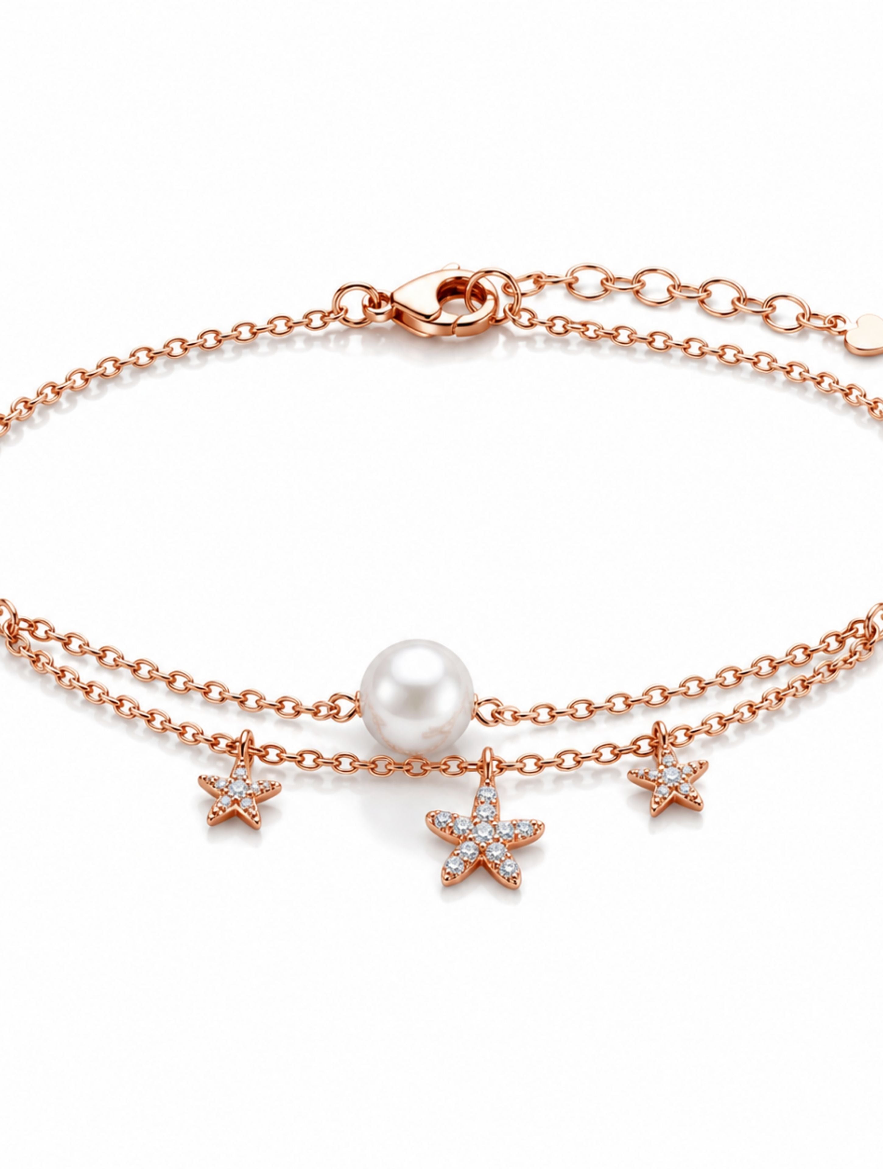 925 Silver Rose Gold Layered Star and Pearl Bracelet