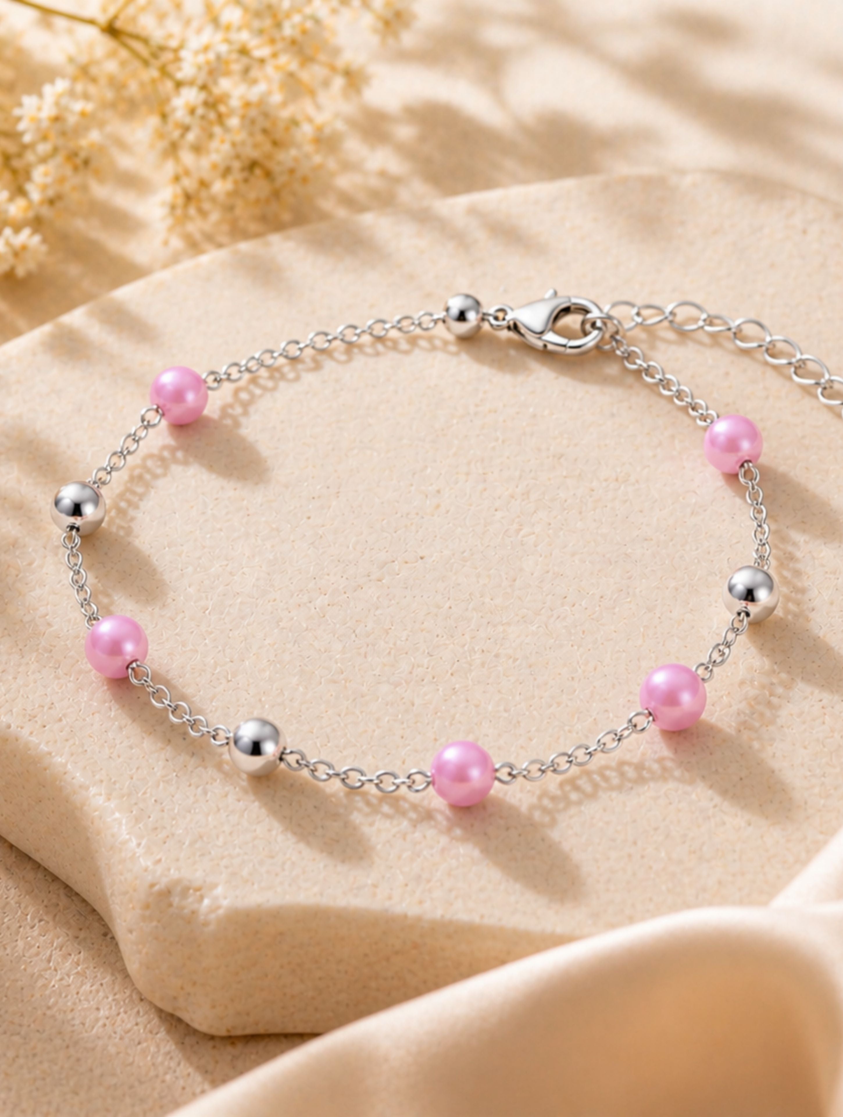 Pastel Pink & Silver Bead Bracelet in 925 Sterling Silver
