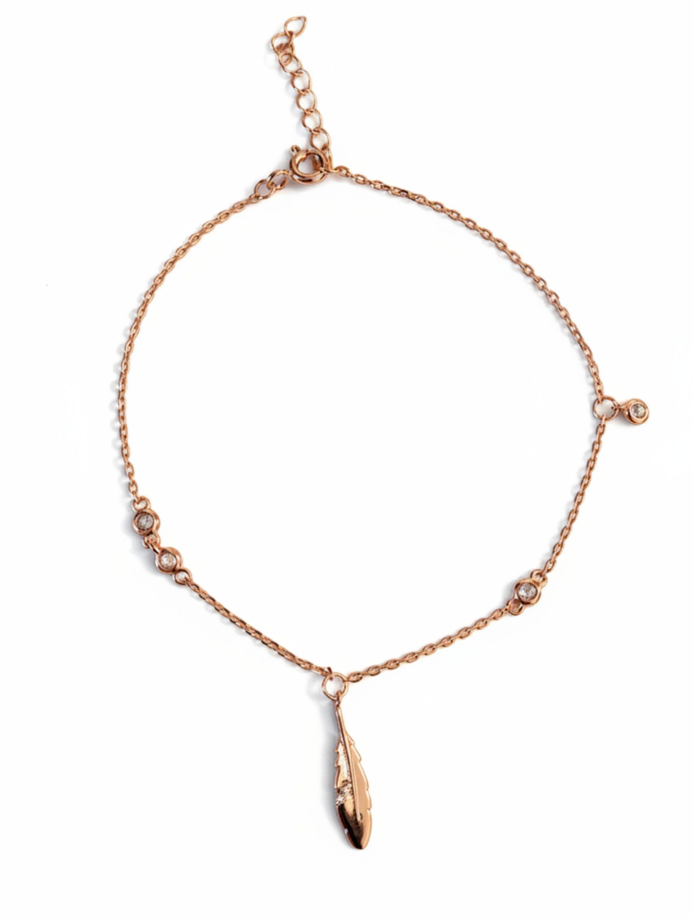 Rose Gold Feather & Shimmering White Stone Accent Charm Bracelet